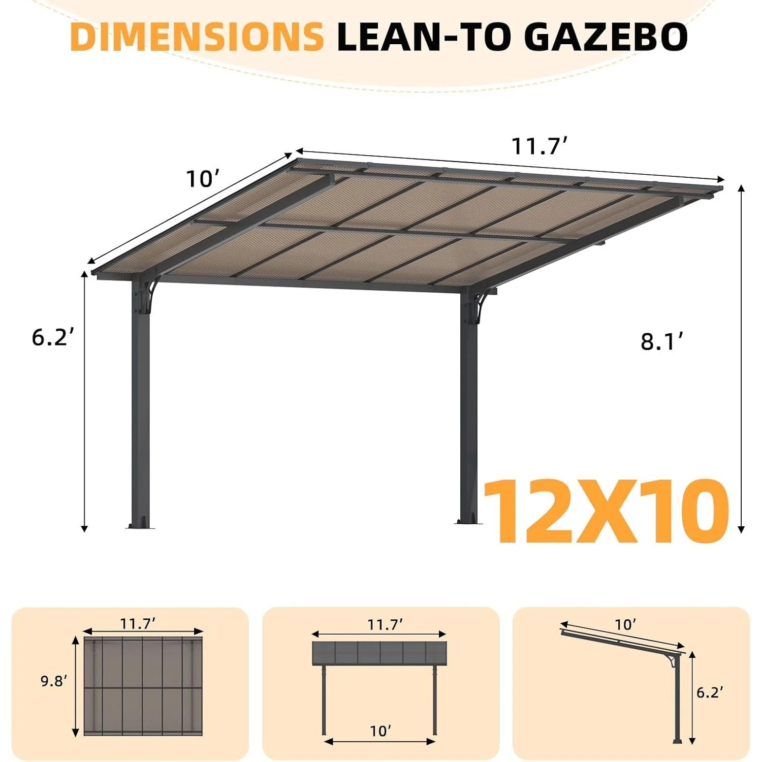 AECOJOY 12' x 10' Gazebo, Outdoor 10x12 Pergola Carport for Patio, Freestanding Lean to Hardtop Gazebo