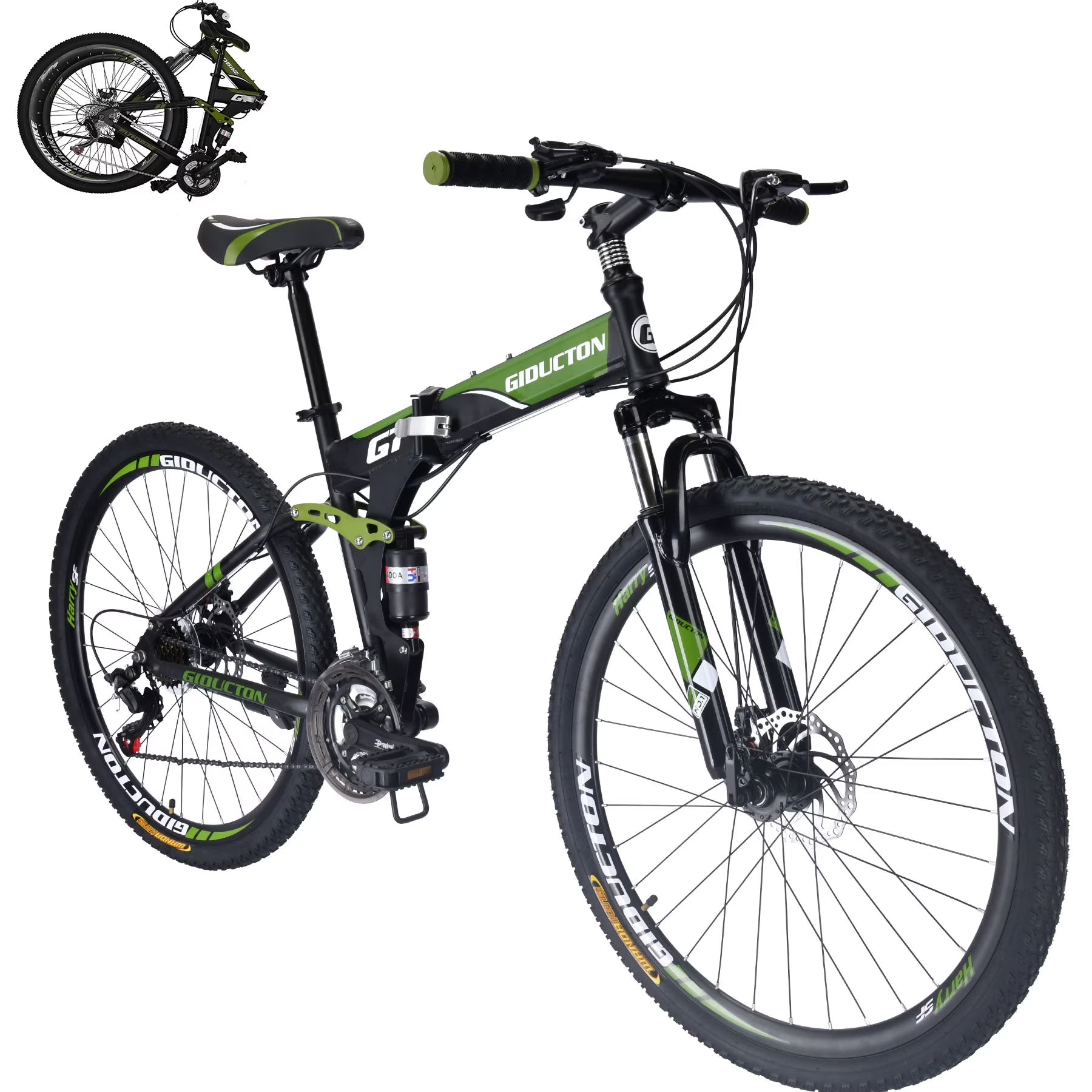 Eurobike 27.5" Full Suspension Folding Mountain Bike Foldable Frame Bicycle Disc Brakes Men or Women Bikes for Afults Green