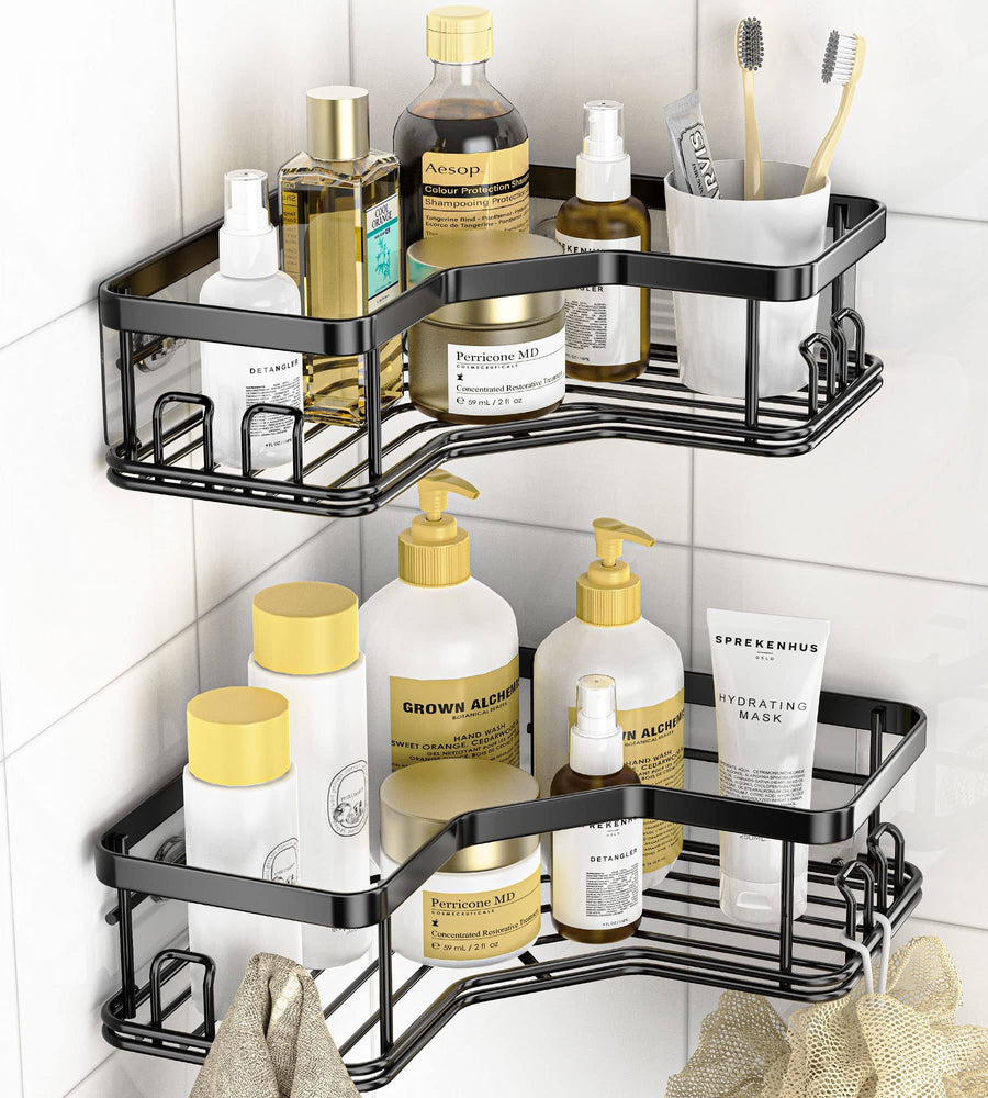 MAXIFFE Shower Caddy, Adhesive Stainless Steel Shower Organizer Shower Rack, Corner Shower Caddy with 8 Hooks, Shower Shelves Storage Bathroom