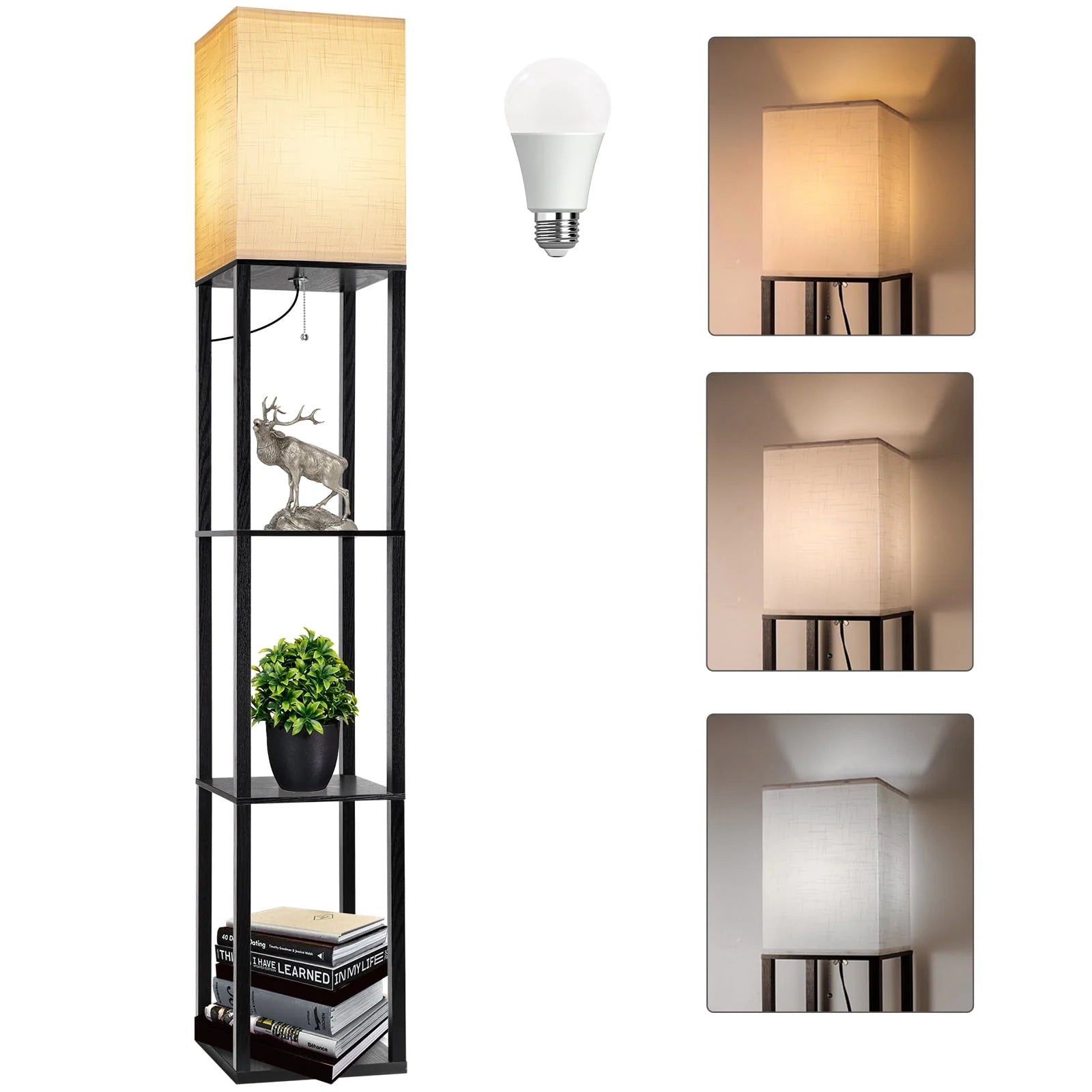 63" Shelf Floor Lamps with Shelves for Living Room Bedroom Office AVV Wood Modern Standing Lamps Black