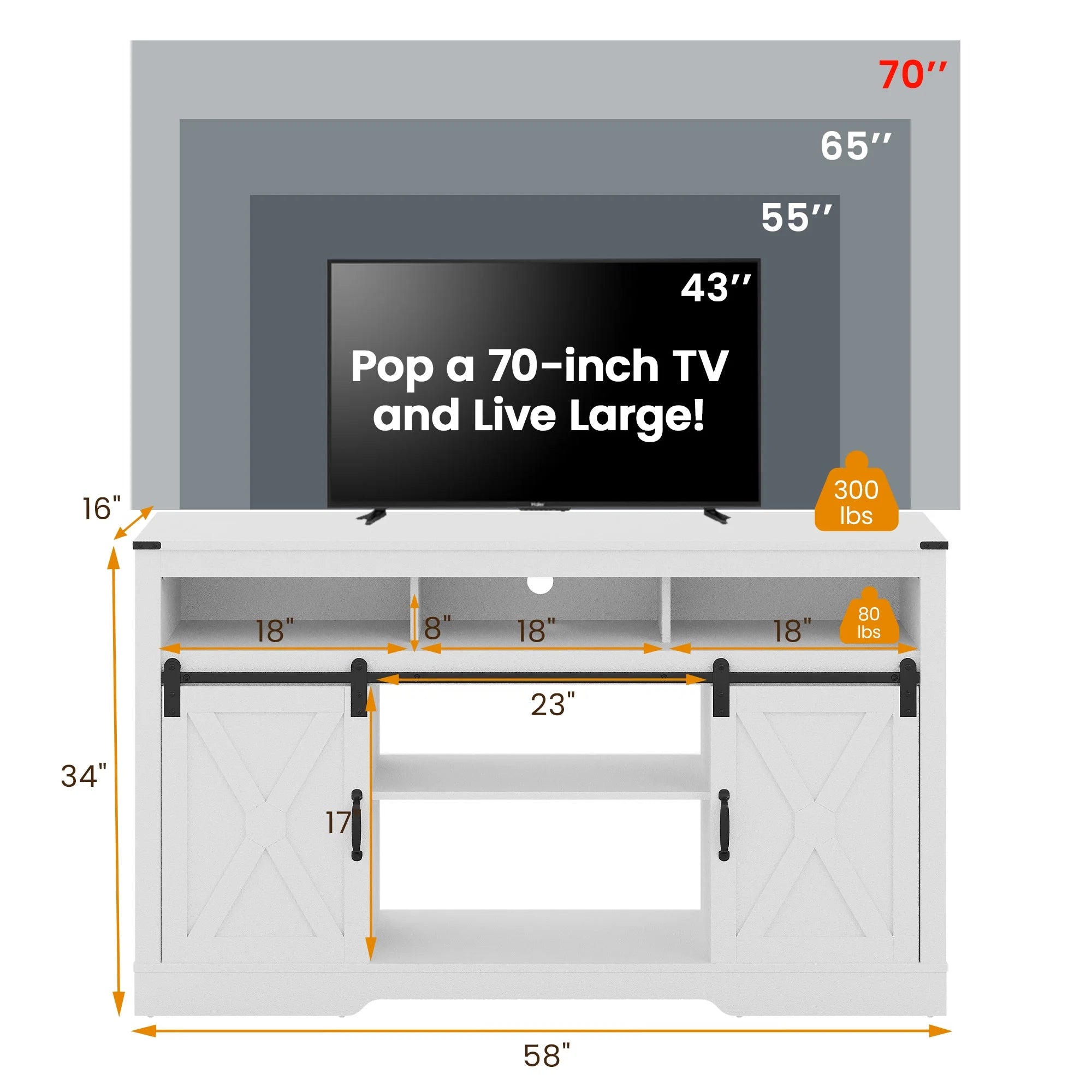 Mayincolor Farmhouse TV Stand for 65+ Inch TV, 34'' Tall Entertainment Center with Sliding Barn Doors, Rustic Wood Media Console Storage Cabinet Television Stand for Living Room, Light Grey