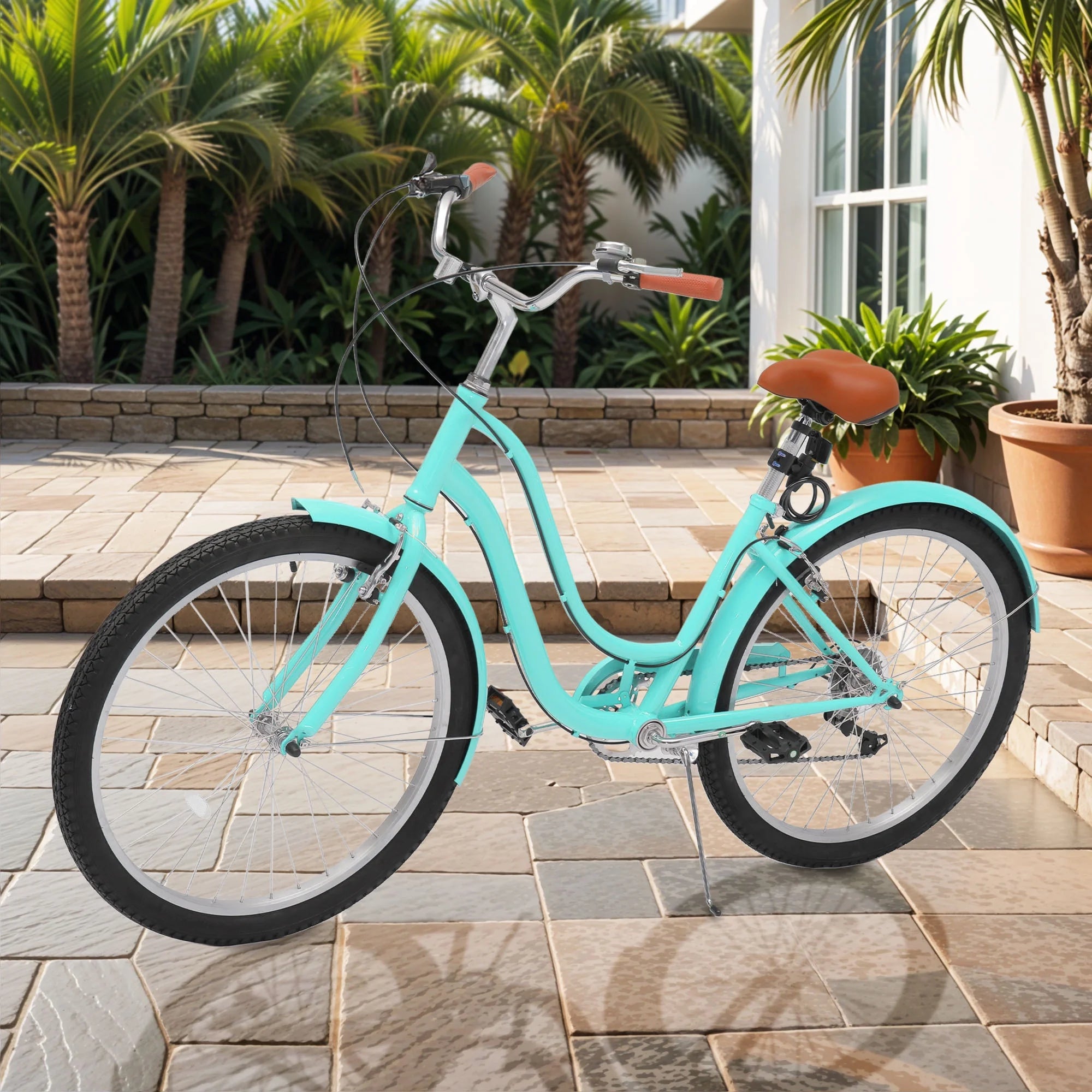 Uforic24'' Beach Cruiser Bike, 7 - Speed, Step - Through Bicycle for Men & Women, Steel Frame, Mint Green