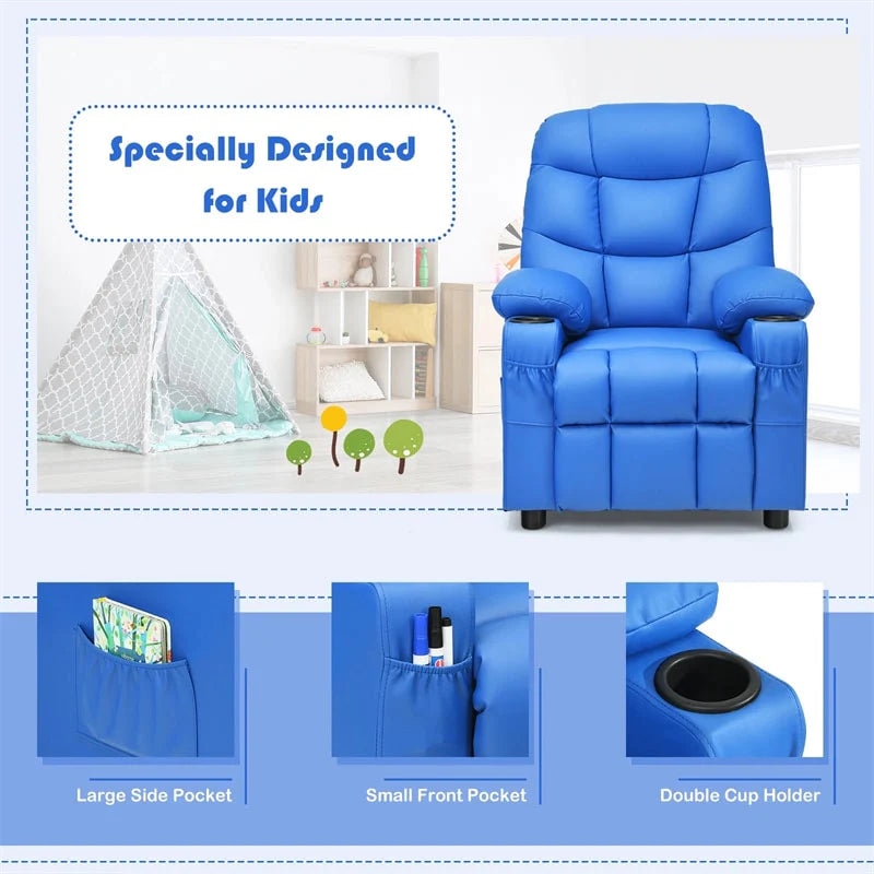 Kids Recliner Chair PU Leather Adjustable Lounge Sofa with Cup Holder, 3 Pockets & Retractable Footrest, Ergonomic Toddler Furniture Sofa