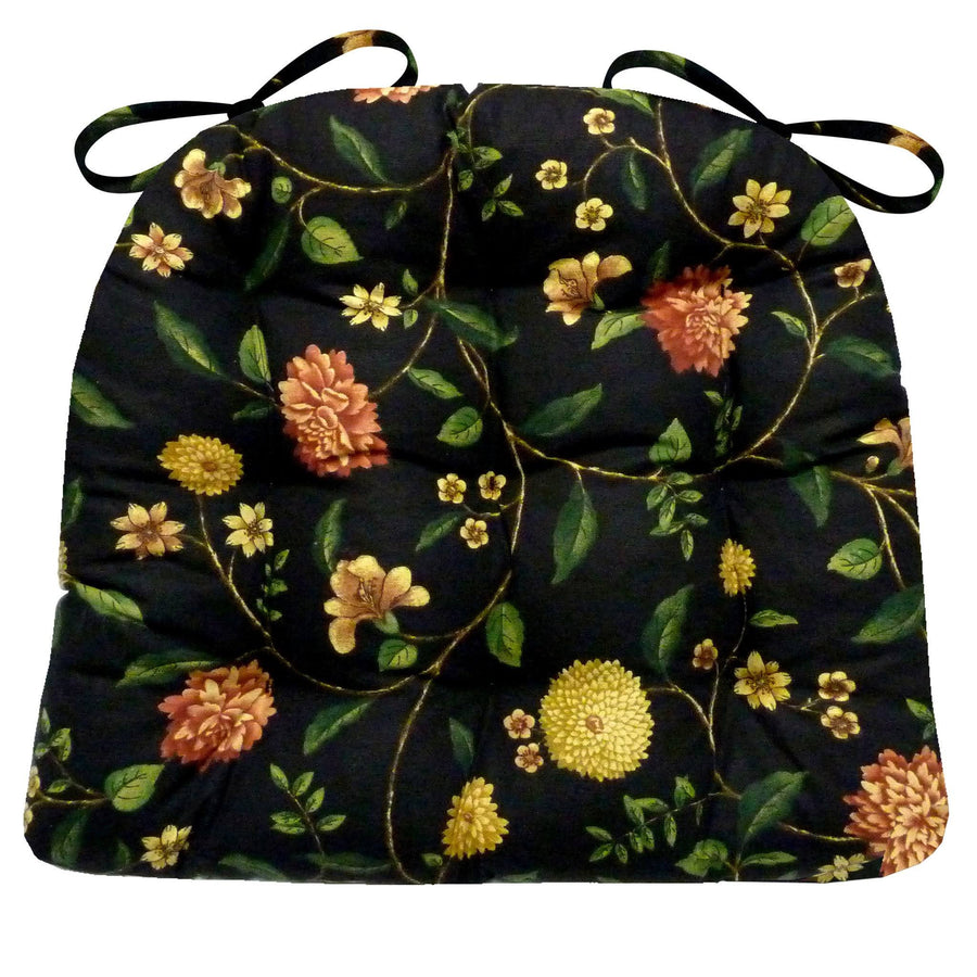 Nassau Black Floral Dining Chair Pad with Ties - Extra-Large - Latex Foam Fill Cushion - Machine Washable Reversible Solid Col