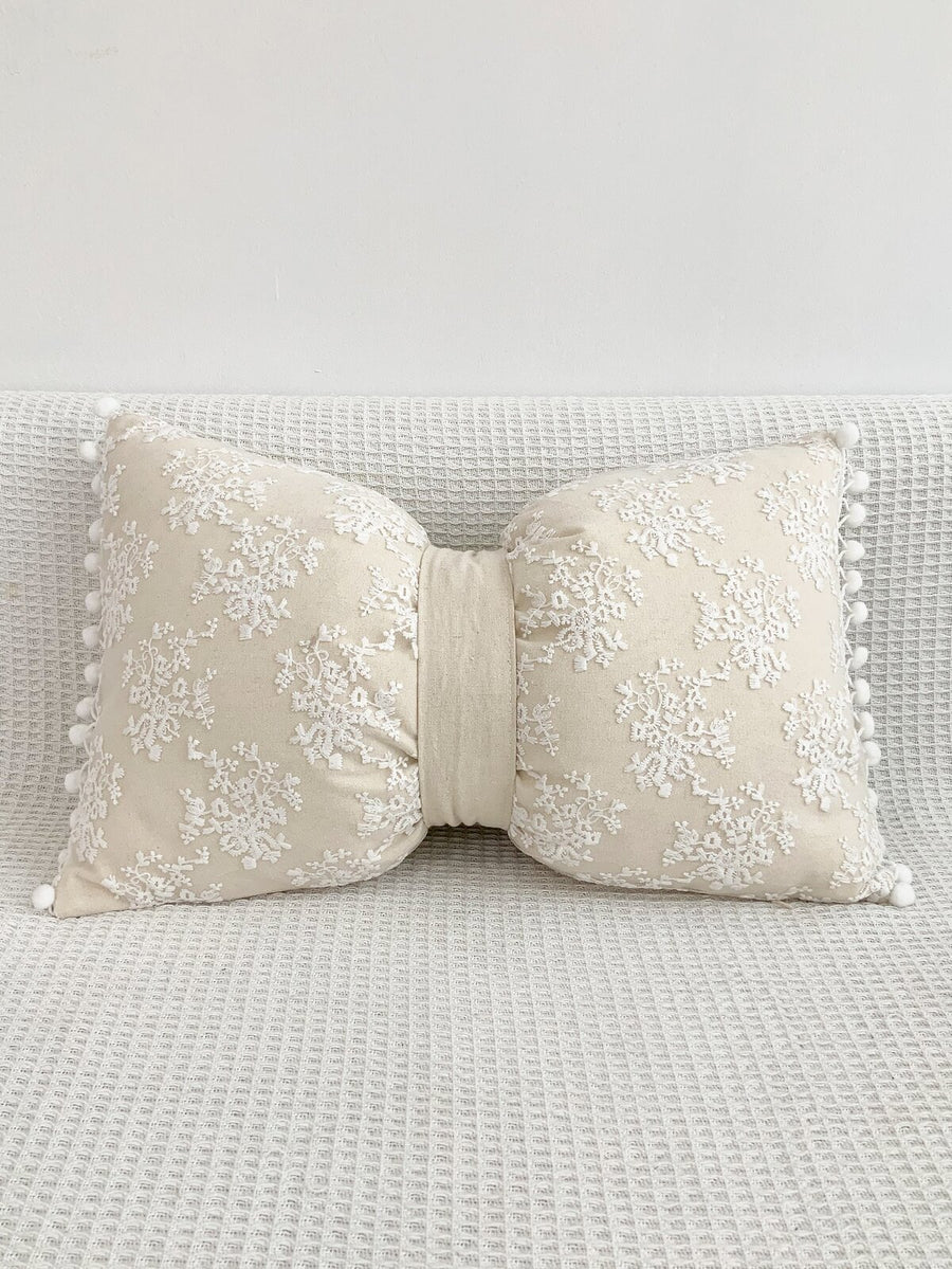 1pc Lace Embroidered Pom Pom Bow Decorative Waist Pillow Cover, Home Decor For Living Room, Sofa, Bedroom