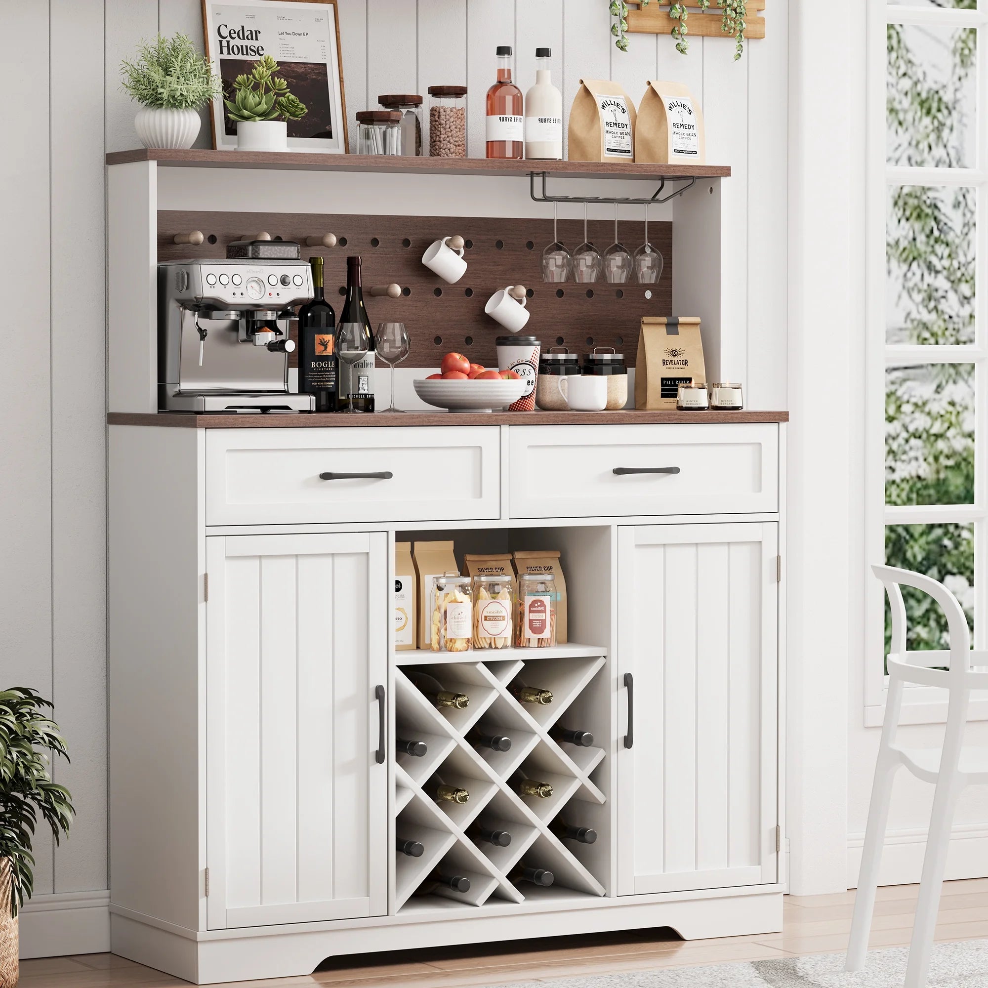 LAFGUR 72" Kitchen Storage Cabinet with Power Outlet & LED Light, Coffee Bar Cabinet with Drawers & Wine Glass Rack, Sideboard for Home, White