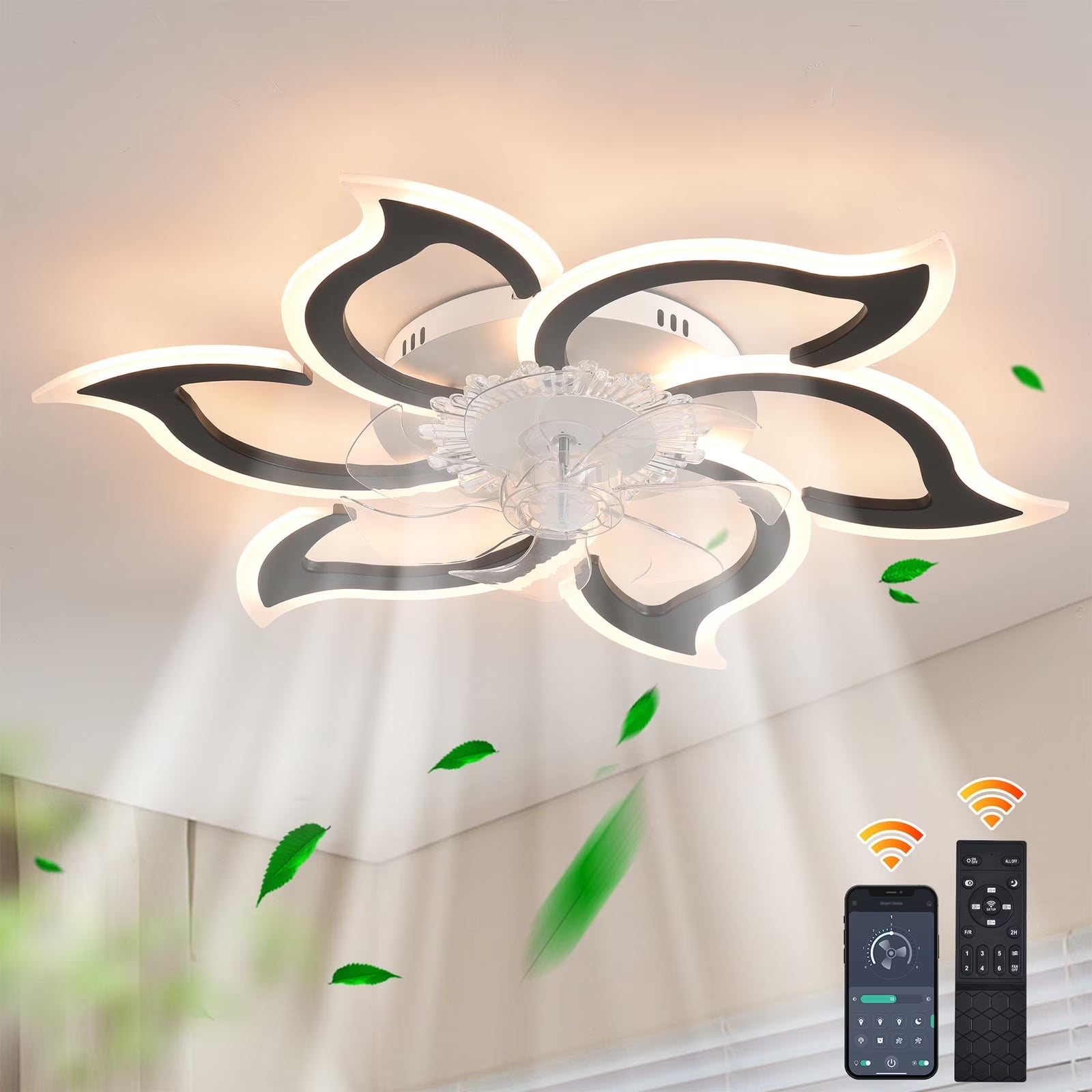 Garwarm Dimmable Ceiling Fan with Light and Remote Control, 27" Small Flush Mounted Ceiling Fan with LED Lights, APP and Remote Controlled, Modern, White