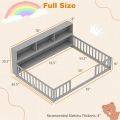 Full Size Montessori Floor Bed with Bookcase, Storage Shelves & Safety Fence Rails, Solid Wood Bed Frame for Kids, No Box Spring Needed
