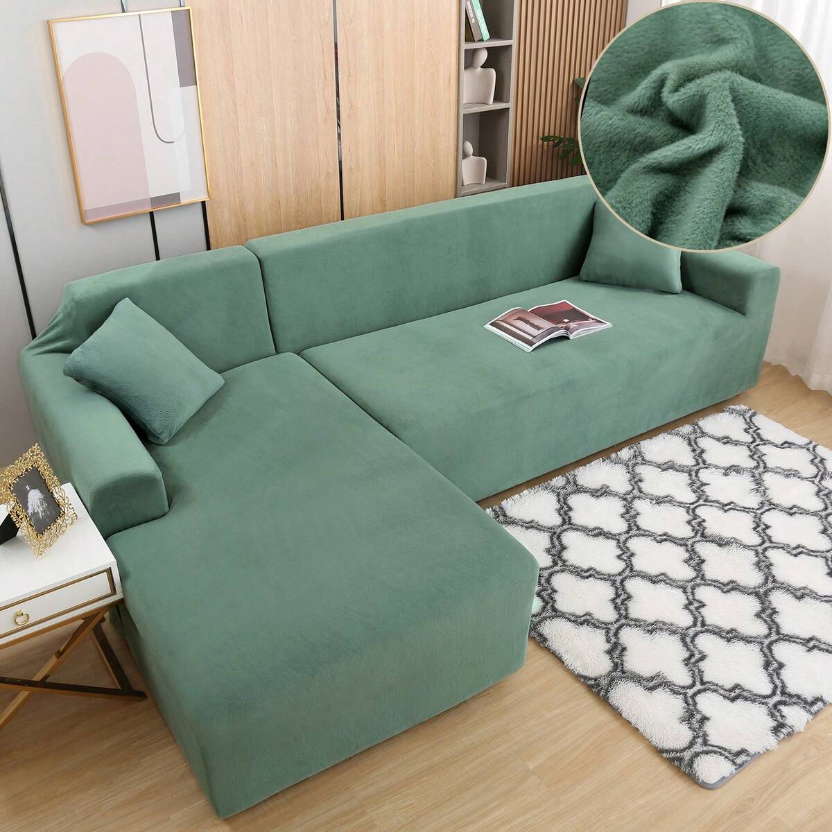 L Shape Sofa Cover 2 Piece Thick Velvet Stretch Plush Elastic Couch Slipcovers 3 + 3 Seaters Chaise Sectional Couch L-Shaped Sofa Furniture Protector For Living Room