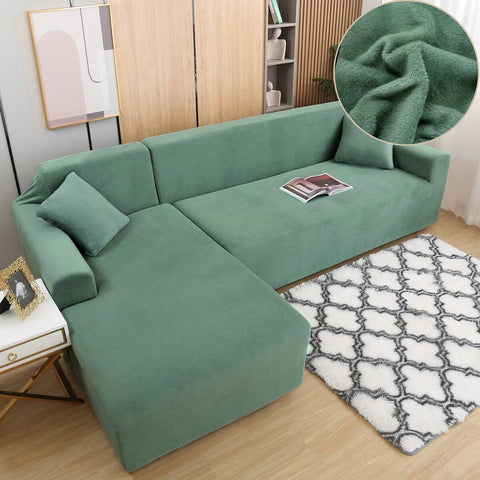 L Shape Sofa Cover 2 Piece Thick Velvet Stretch Plush Elastic Couch Slipcovers 3 + 3 Seaters Chaise Sectional Couch L-Shaped Sofa Furniture Protector For Living Room