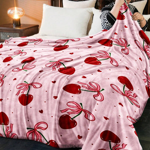 1pc Cherry Pattern Flannel Blanket, Suitable For All Seasons, For Sofa, Bed Decor, Camping And Travel, Holiday Gift, Soft And Comfortable Throw Blanket, Anniversary, Wedding, Birthday Gift For Girlfriend, Wife, Lover