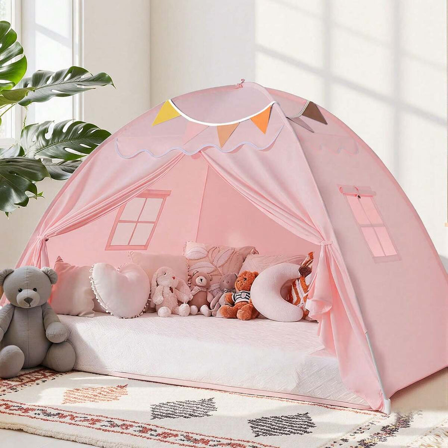 Kids Twin Size Bed Tent With Lights & Flags - Portable Foldable Canopy For Toddler Beds, Indoor Playhouse, Privacy Space For Boys & Girls, Perfect Gift For Bedroom Decor(Pink)