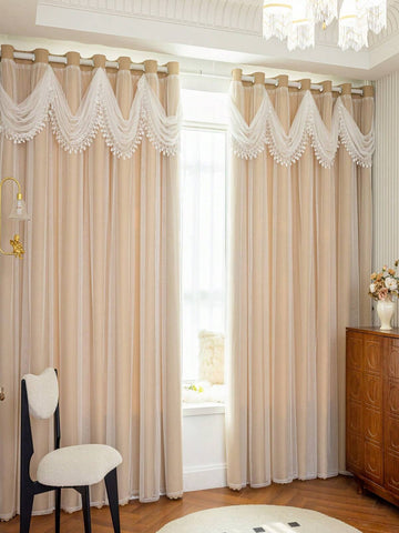 1pc [Grommet Top] European Style All-In-One Curtain With Elegant Fabric Skirt, Blackout Lining + Sheer, Suitable For Bedroom, Living Room, Dining Room, Urban Soft Furnishing Style, Compatible With Multiple Rods