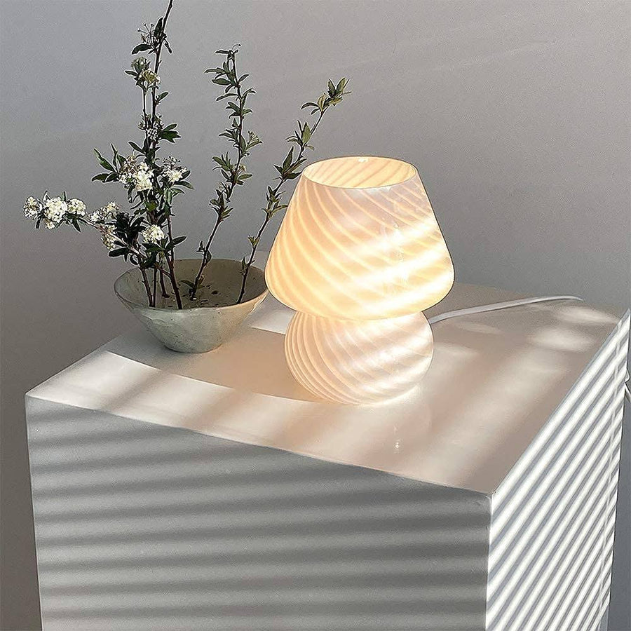LongTN Translucent Table Mushroom Lamp Italian Style Modern Striped Glass Bedside Lamps Desk Light, used for Baby Home Decoration of