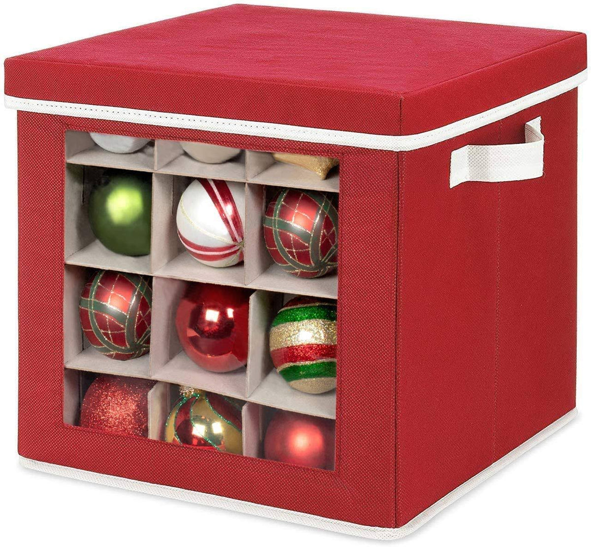 Whitmor Holiday Ornaments Storage Cube with 64 Individual Compartments - Made with Non-Woven Polypropylene Fabric (Red)