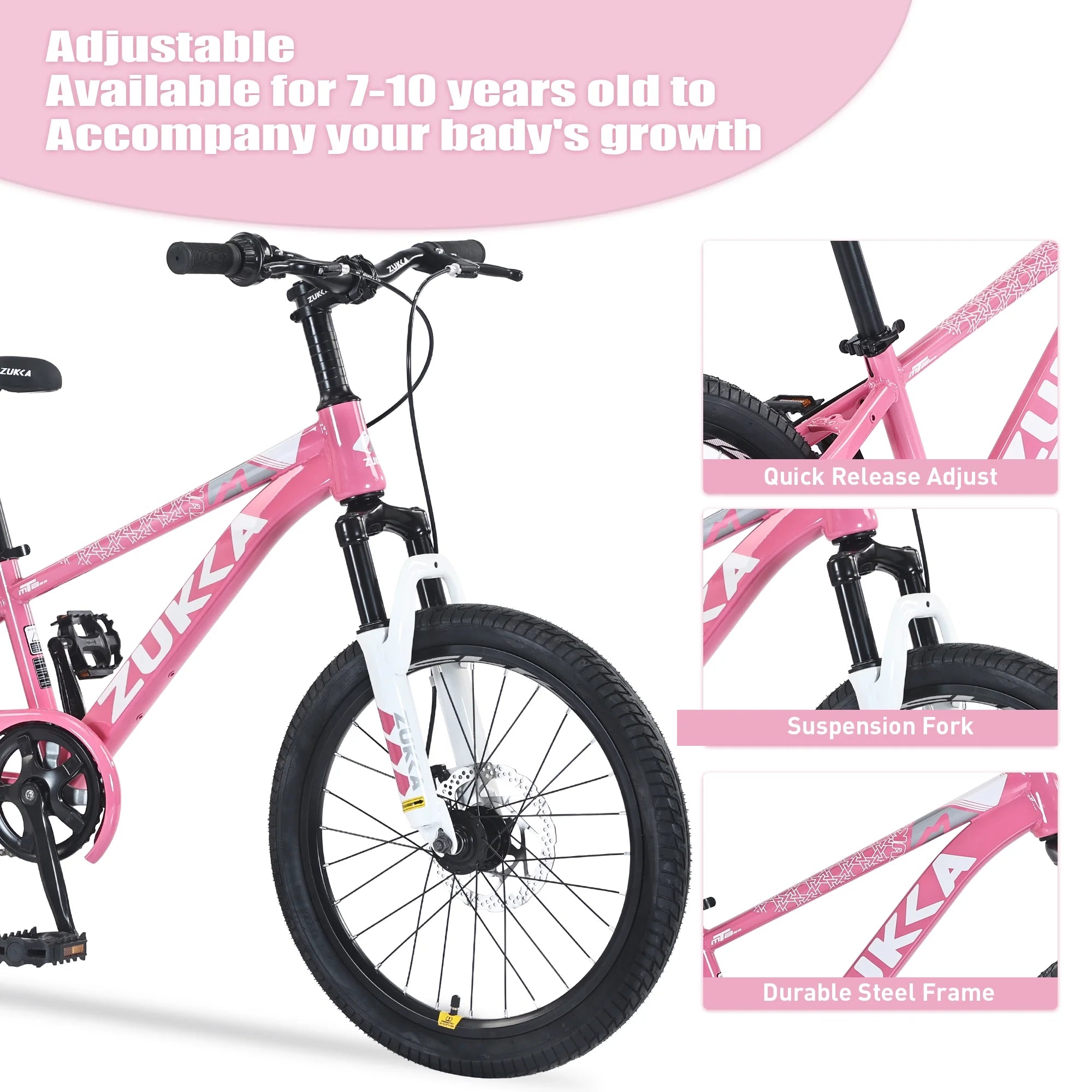 Zukka 20 in Kids Mountain Bike Steel Frame Hardtail Bicycle for Child Aged 7 - 10 Years Pink