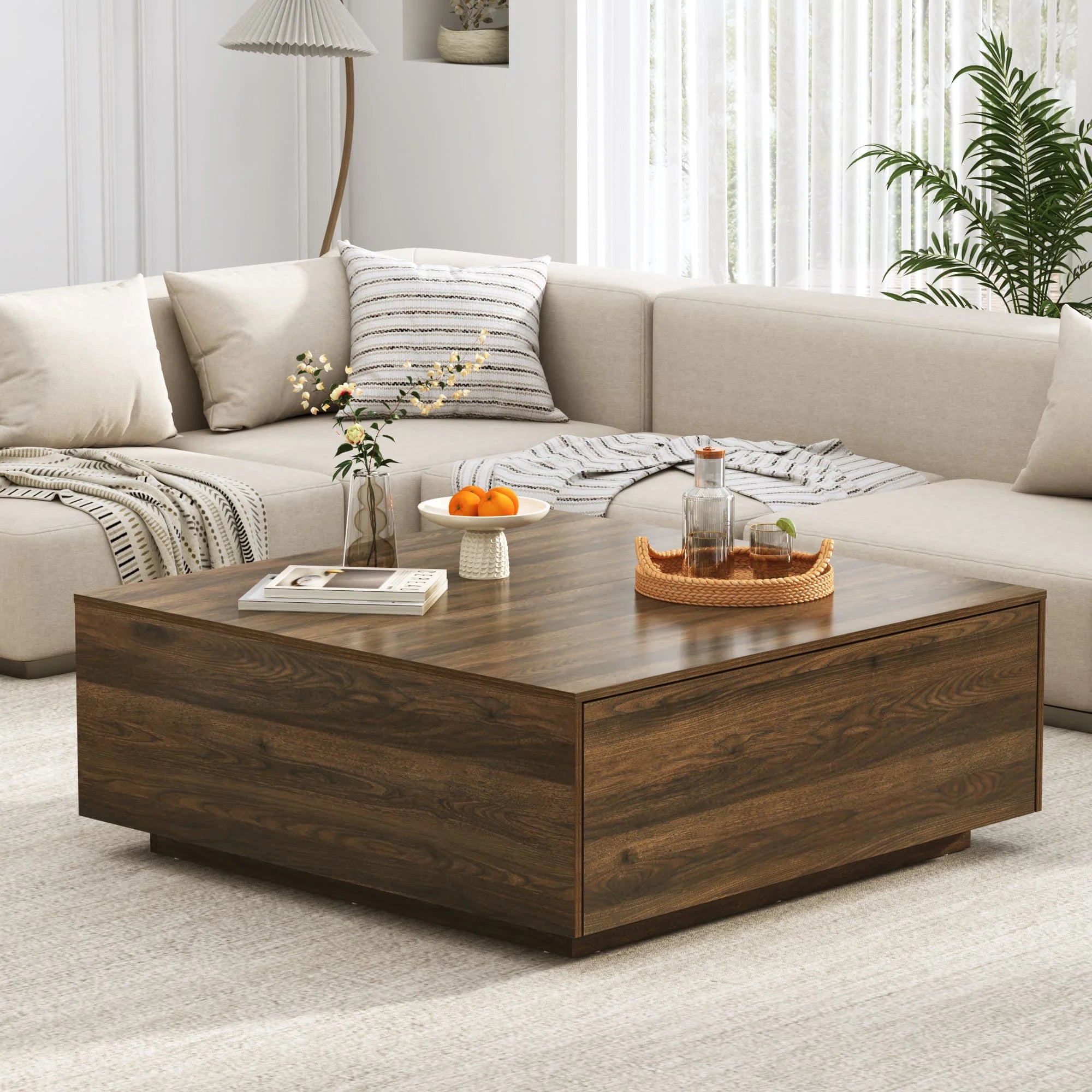 Blotout Square Coffee Table with 2 Large Drawers, 43" Mid Century Modern Coffee Table with Storage, Wood Cocktail Table Center Table with Storage for Living Room, Wood Grain