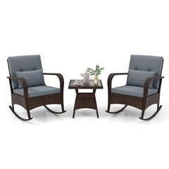 3-Piece Outdoor Wicker Rocking Chair Set, Rattan Bistro Rocker Furniture with Cushions & Pillows, Tempered Glass Coffee Table for Porch Balcony