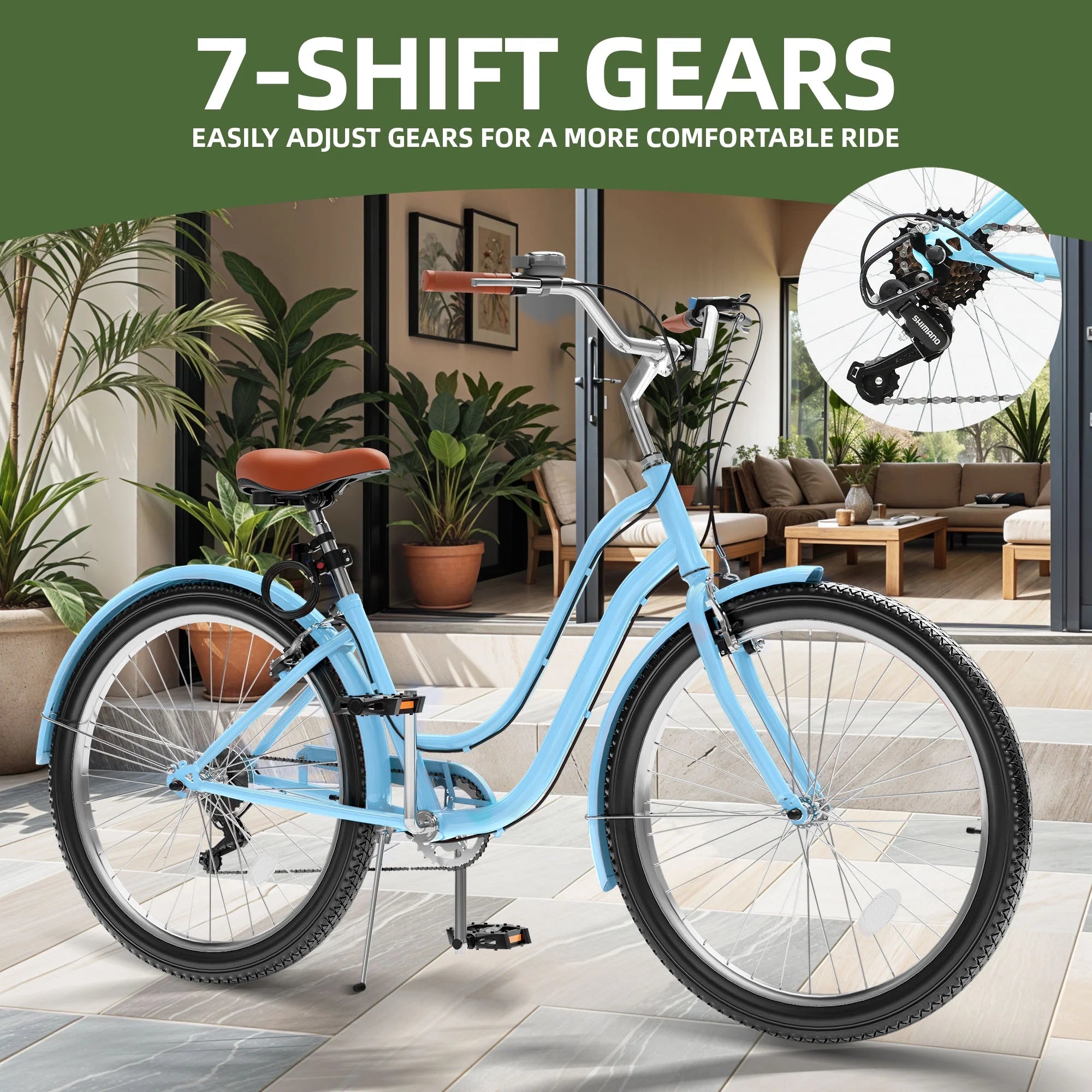 Uforic24'' Beach Cruiser Bike, 7 - Speed, Step - Through Bicycle for Men & Women, Steel Frame, Mint Green
