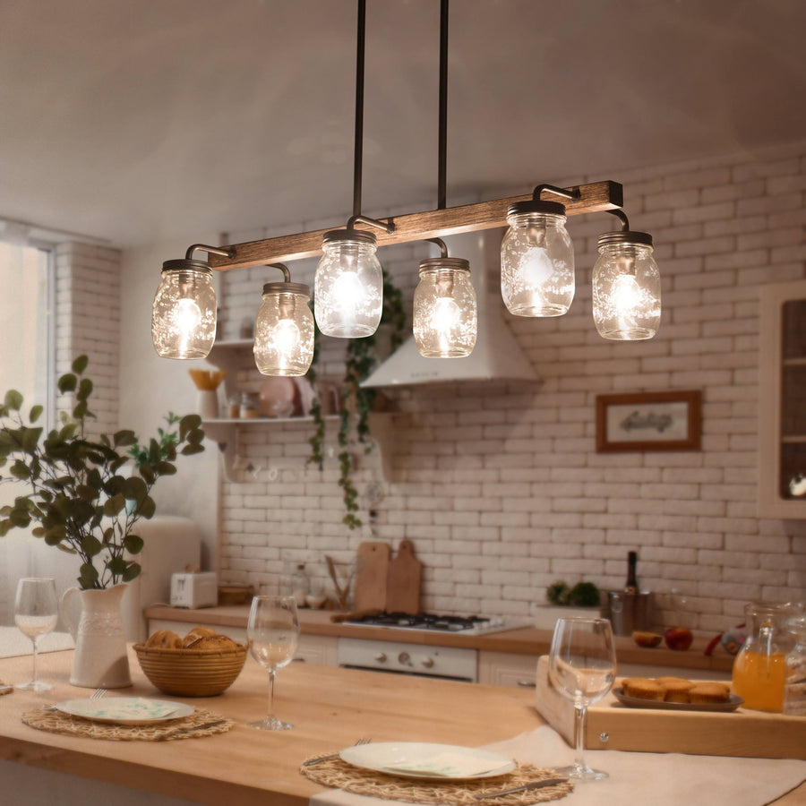 Modern Farmhouse 6-Light Chandelier Glass Bar Kitchen Island Lights - L27.5 inch x W11 inchx H 71.5 inch, Size: L27.5 x W11x H 71.5, Brown