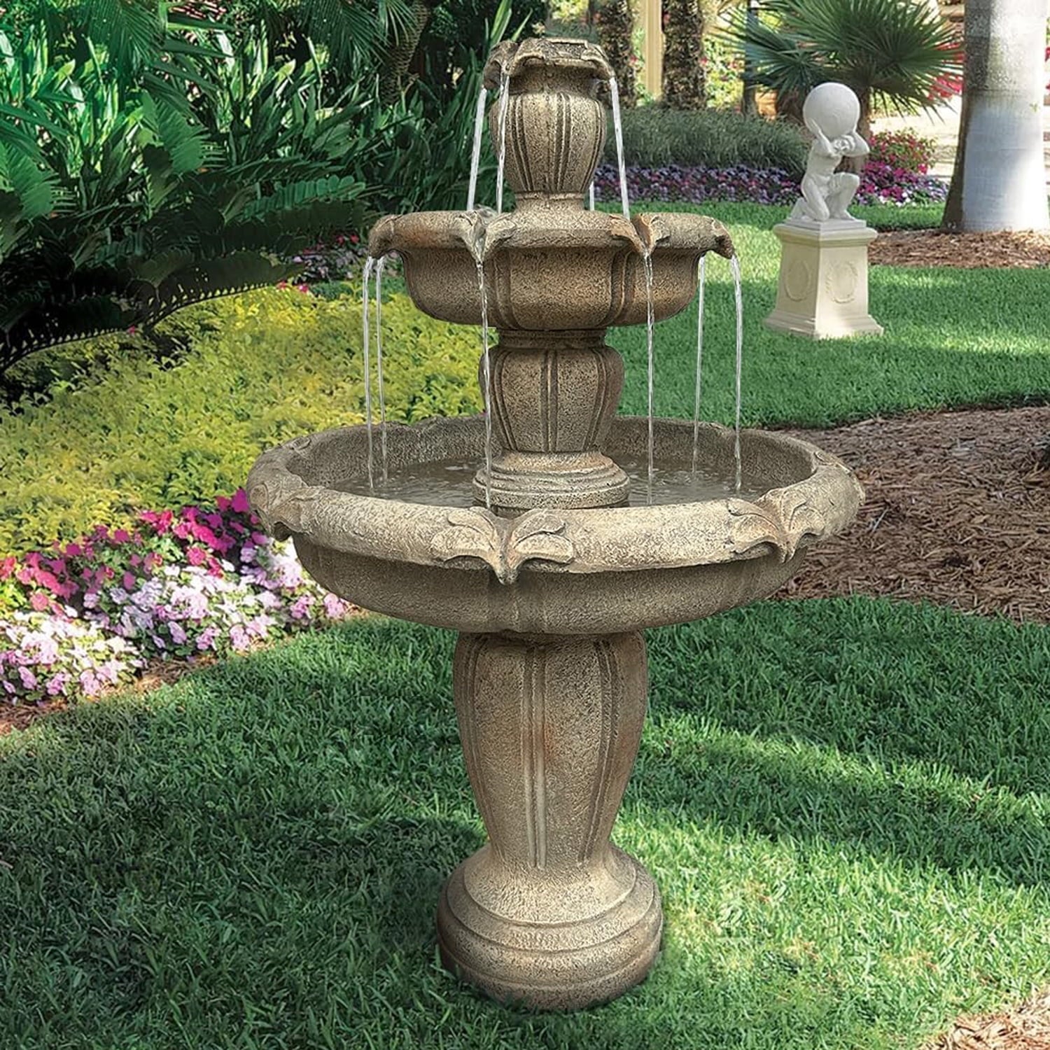 48�?h Outdoor Floor Water Fountain, 3 - Tiers Concrete Water Fountain with Submersible Electric Pump - Garden Cascading Waterfall for Yard Patio Lawn Home Decor