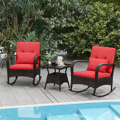 3-Piece Outdoor Wicker Rocking Chair Set, Rattan Bistro Rocker Furniture with Cushions & Pillows, Tempered Glass Coffee Table for Porch Balcony