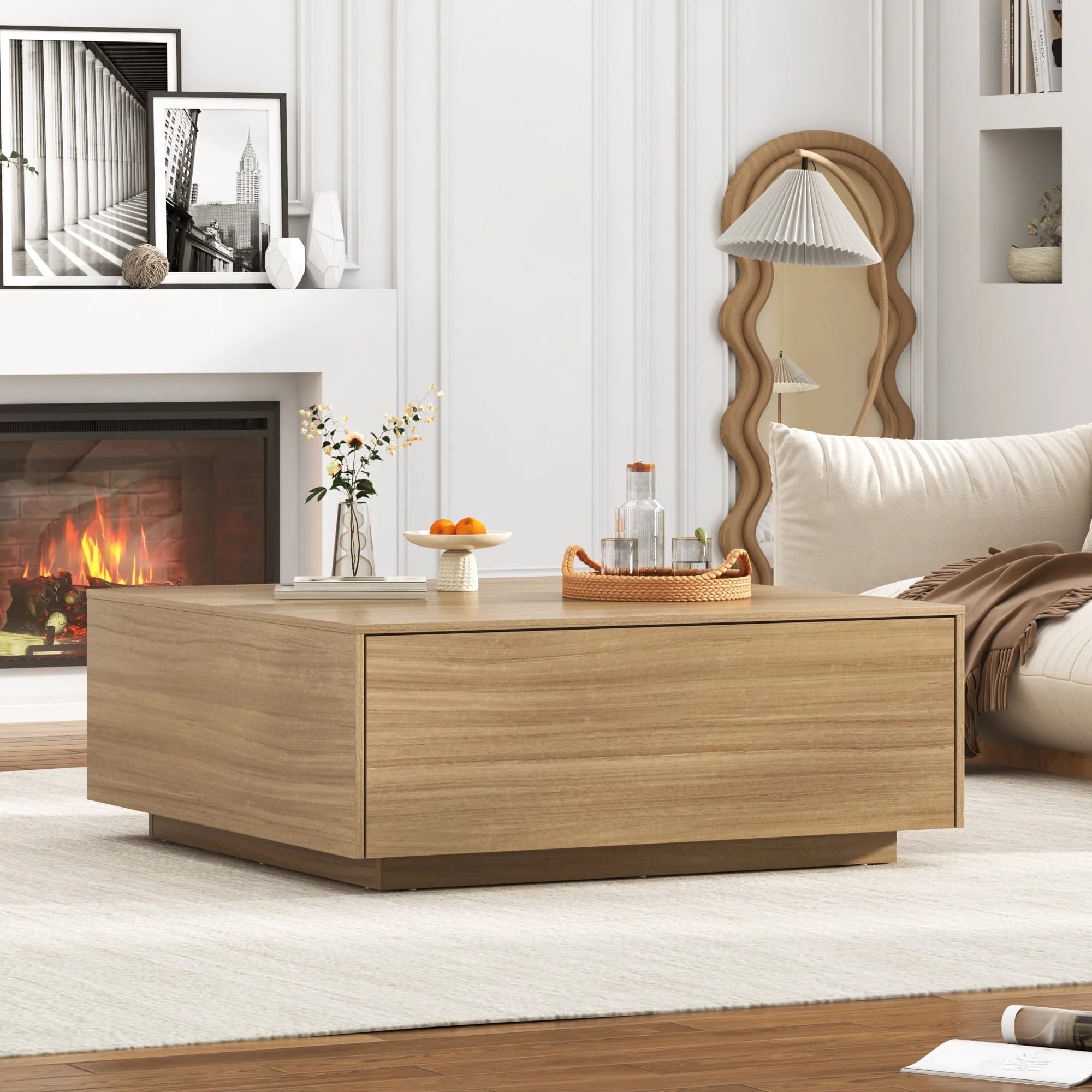 Blotout Square Coffee Table with 2 Large Drawers, 43" Mid Century Modern Coffee Table with Storage, Wood Cocktail Table Center Table with Storage for Living Room, Wood Grain