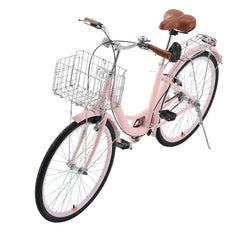 KFFKFF 26" Cruiser Bike, Single Speed, Rosé - Colored Seaside Cycling Bike with Spacious Basket and Back Stand, Reliable & Robust Leisure Bicycle with Modifiable Saddle