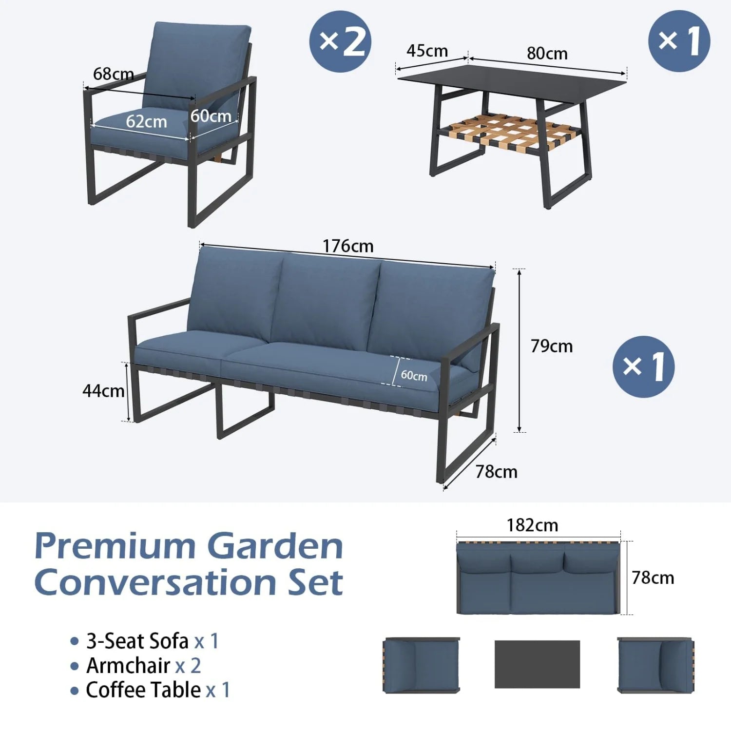 AECOJOY 4-Piece Outdoor Garden Furniture Set, 3-Seater Sofa & 2 Armchairs with Glass Coffee Table, Dark Blue