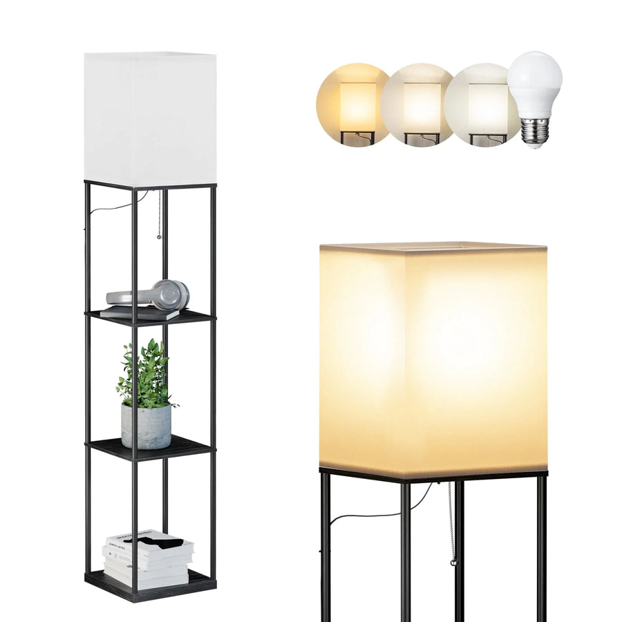 Modern Iron Shelf Floor Lamp with 3 - Way Dimmable LED Bulb, Shelves and White Shade for Living Room and Bedroom(Black)