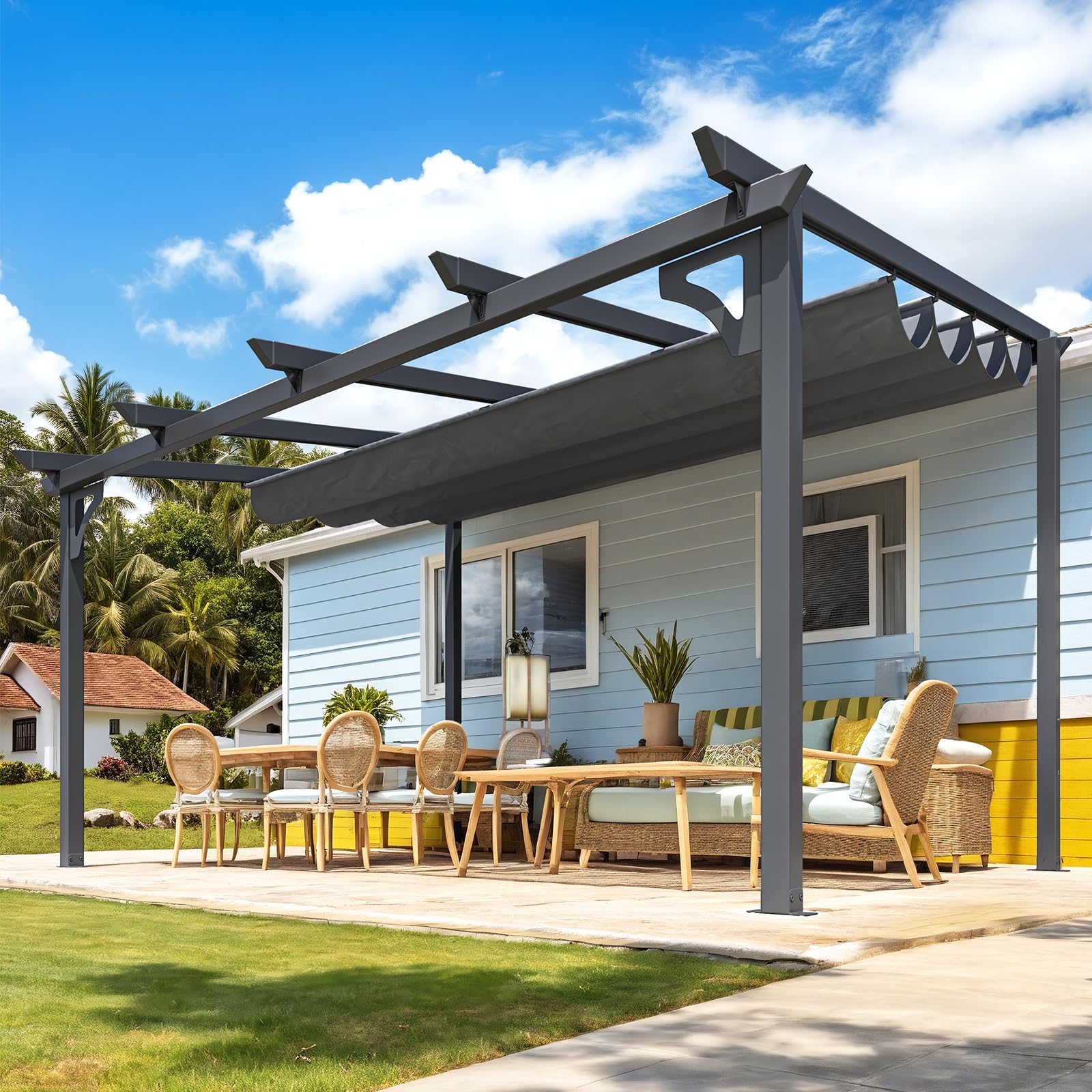 AECOJOY 14' x 10' Gazebo for Patio, Retractable Pergola with Adjustable Sun Shade Canopy Roof