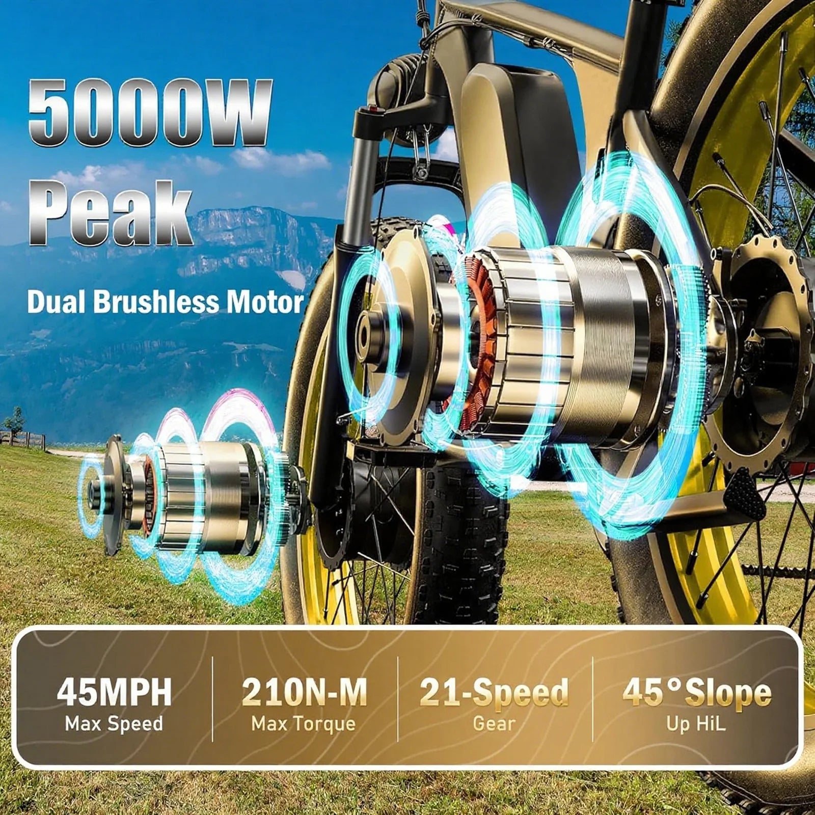 5000w Peak Dual Motor Electric Bike, 26" Fat Tire Shimano 21 Speed 45 MPH Commuter Mtb, 60V 25AH Front Suspension Ebike