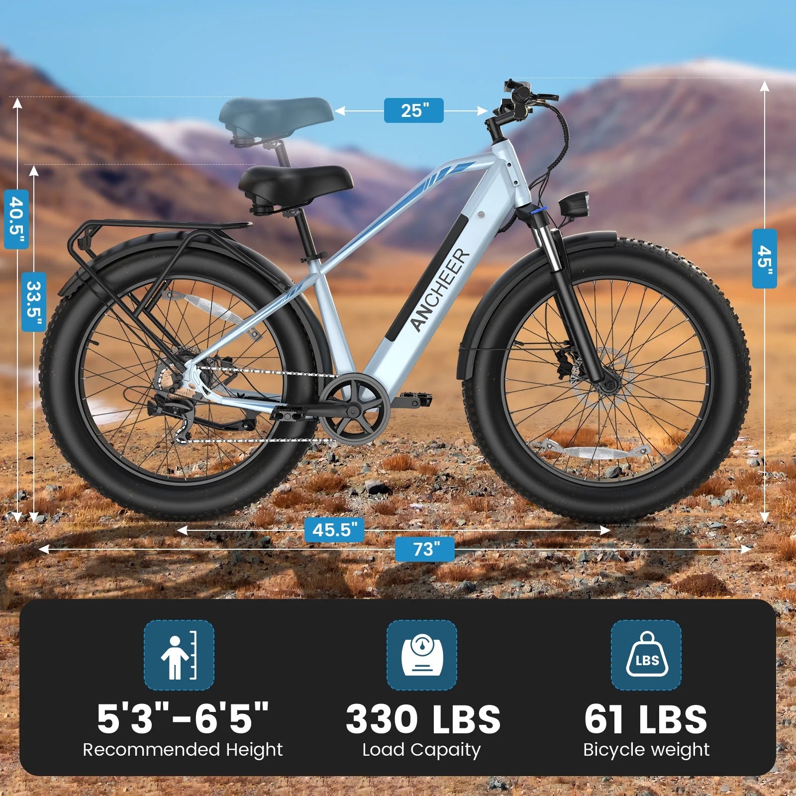 ANCHEER Electric Bike for Adults Peak 1000W Electric Bicycle 48V 15AH Battery Electric Bike 26" x 4.0" Fat Tire Mountain 28MPH 7 Speed Gears Electric Bike, Rear Rack, UL2849
