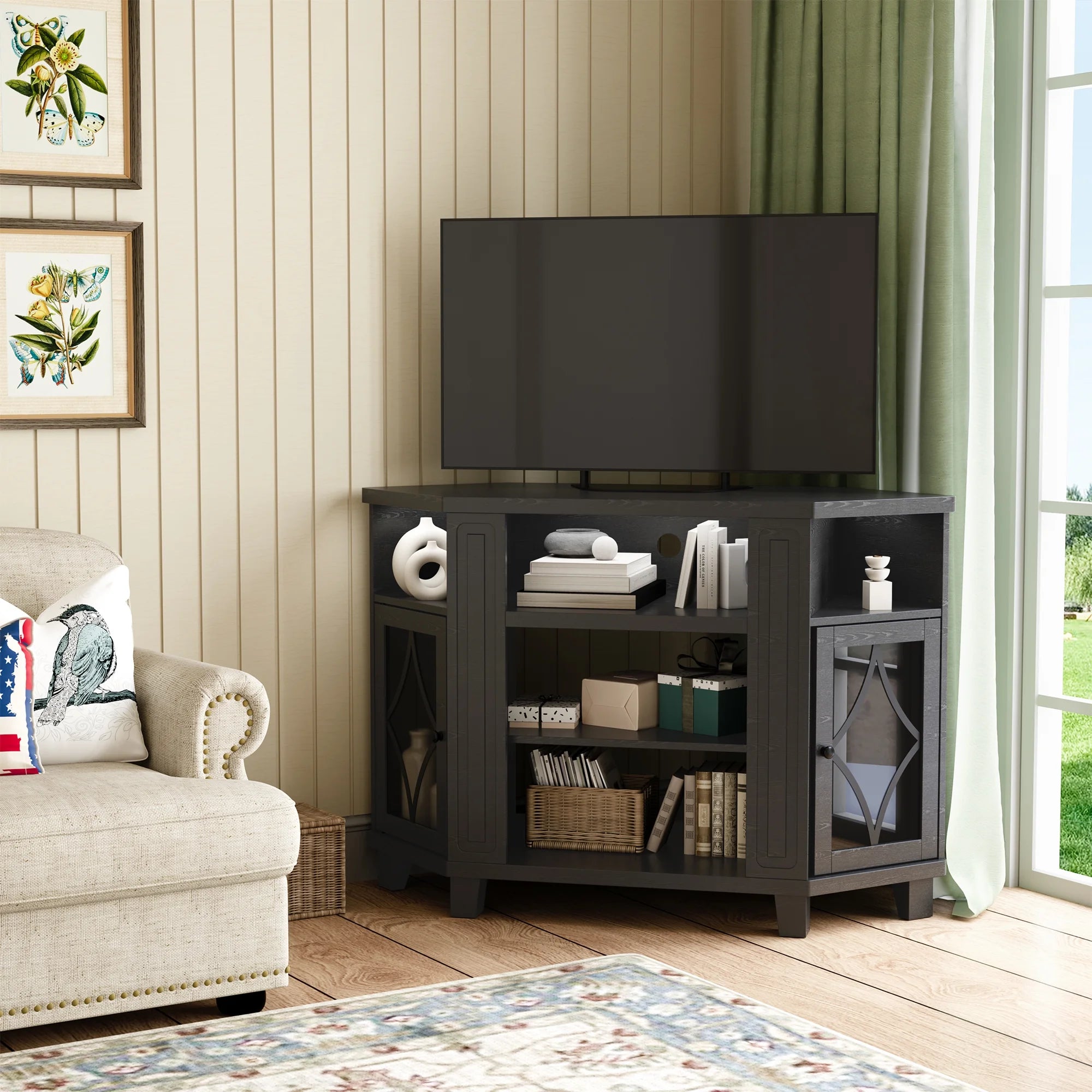 Mayincolor Farmhouse TV Stand for 65+ Inch TV, 34'' Tall Entertainment Center with Sliding Barn Doors, Rustic Wood Media Console Storage Cabinet Television Stand for Living Room, Light Grey