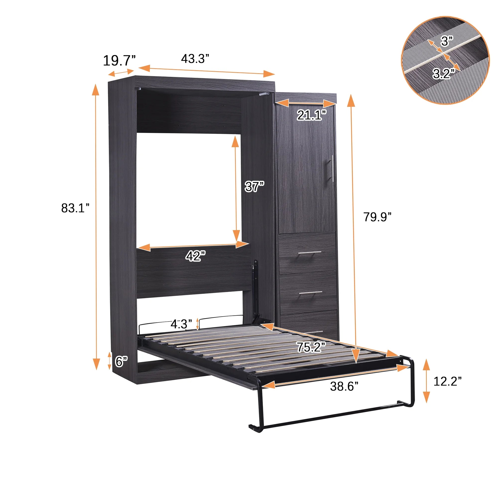 Euroco Wood Full Size Murphy Wall Bed with Wardrobe and Drawers for Living Room, Moveable Wardrobe and Drawers, Space - Saving & Easy Open and Close for Kids Teens Adults, Gray