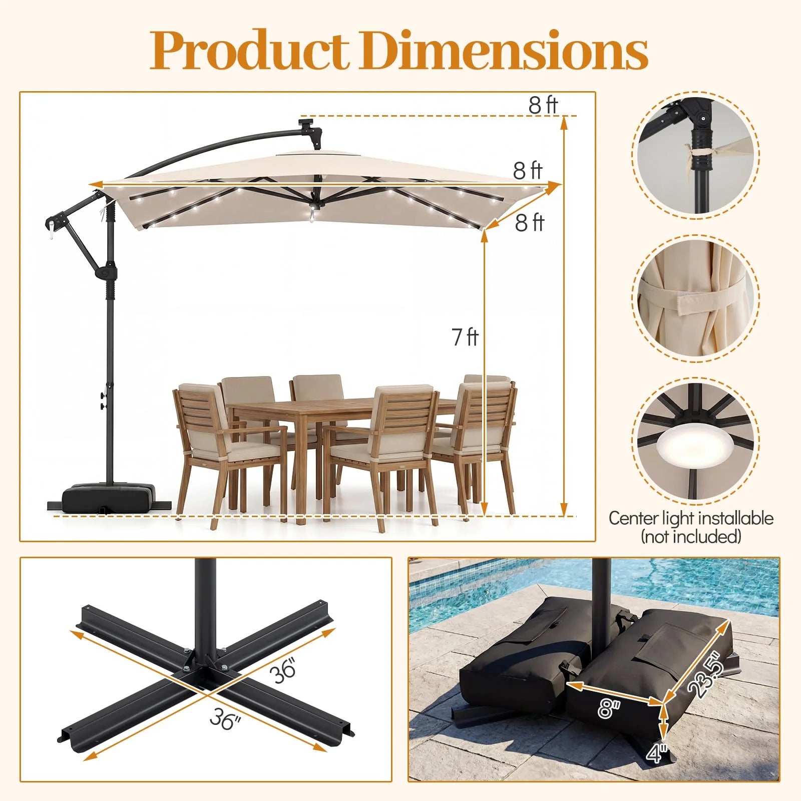 Tangkula 8x8 FT Solar Patio Umbrella with Base Included
