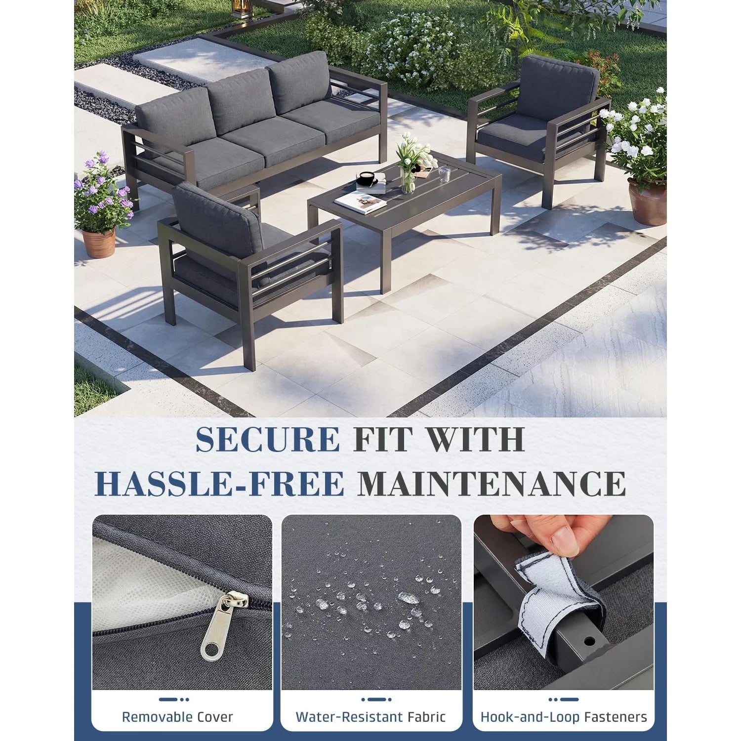AECOJOY Aluminum Patio Furniture Set, 4 Pieces Outdoor Sectional Sofa Set, Dark Gray