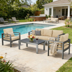AECOJOY Aluminum Patio Furniture Set, 4 Pieces Outdoor Sectional Sofa Set, Beige