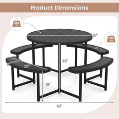 8 Person Round Outdoor Picnic Table Bench Set with Umbrella Hole, All-Weather HDPE Tabletop & Metal Frame for Patio Garden Yard