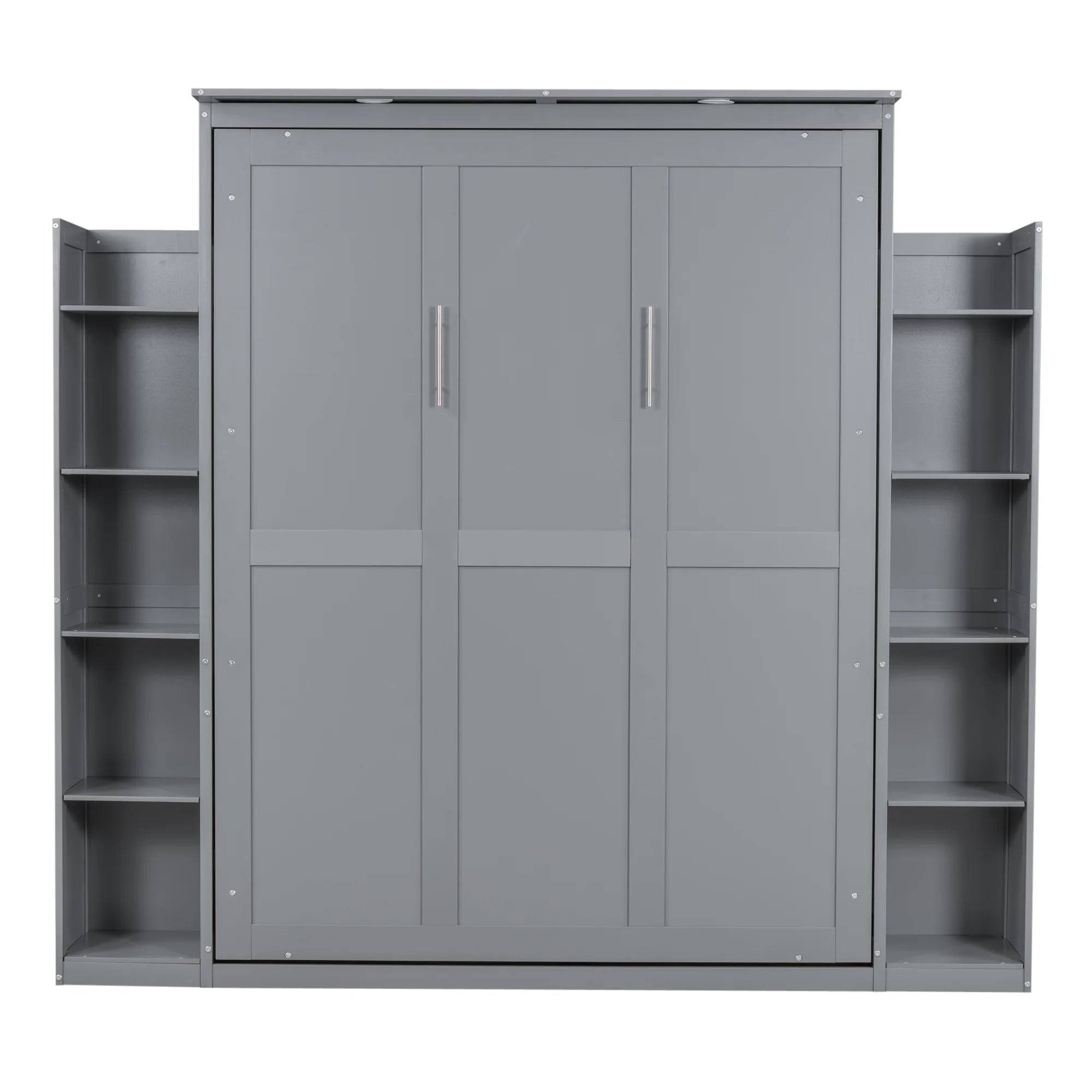 Aukfa Queen Size Murphy Bed with 5 - Tier Storage Shelf & LED Lights, Foldable Wall Bed Cabinet with Mattress Support, Space - Saving Design for Guest Room/Home Office, Gray