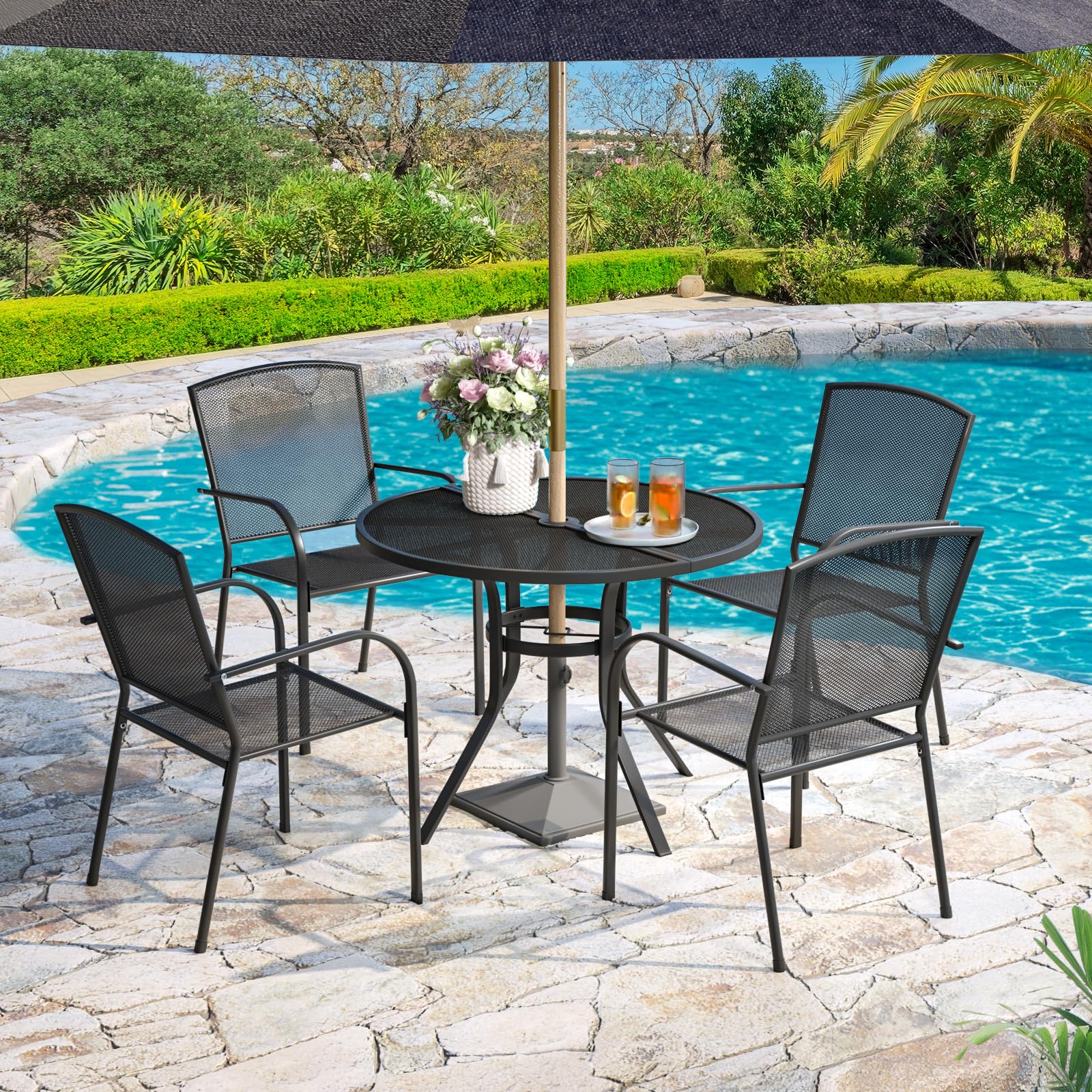 AECOJOY Metal Patio Table with 1.73" Umbrella Hole, Outdoor Round Dining Table