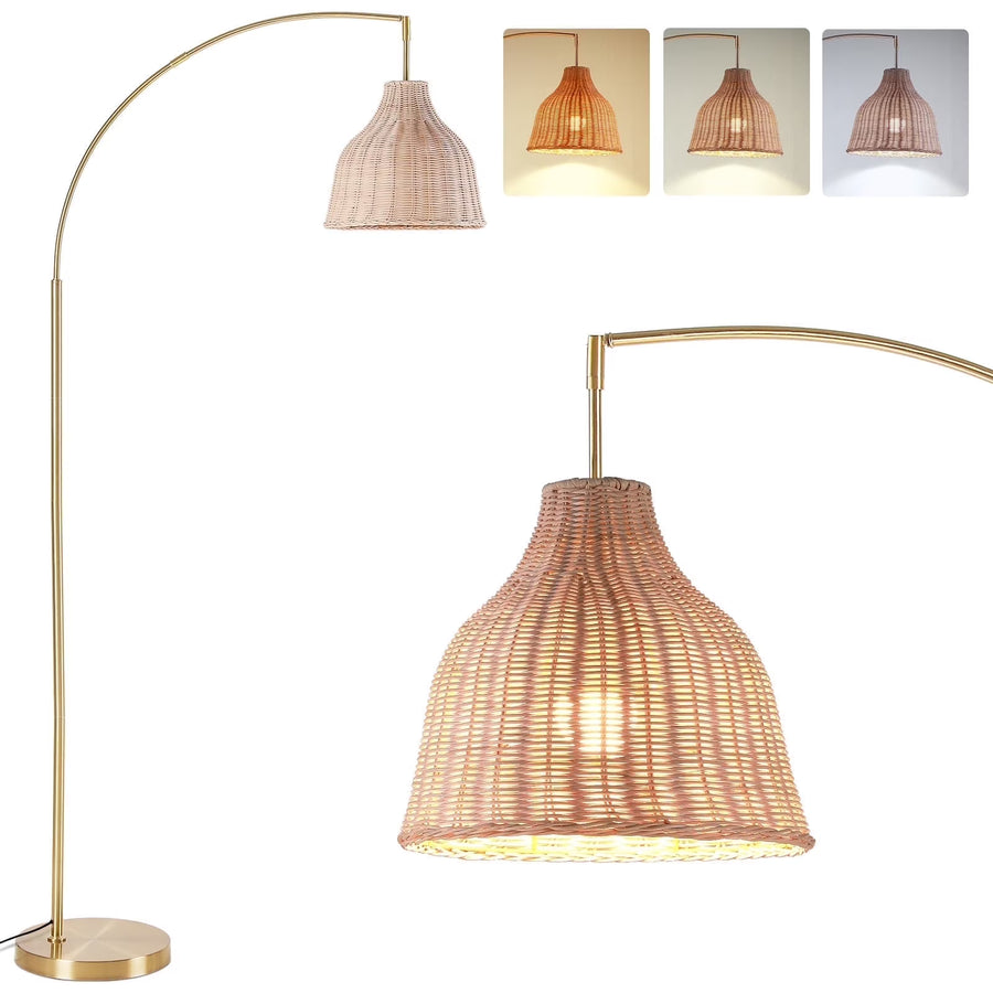 SUNMORY 72 in Arched Rattan Floor Lamp, Fabric Retro Boho Farmhouse Rustic Standing Lamp for Living Room, Bedroom, Office, 9W & Foot Switch & 3 Color Temperature, Gold