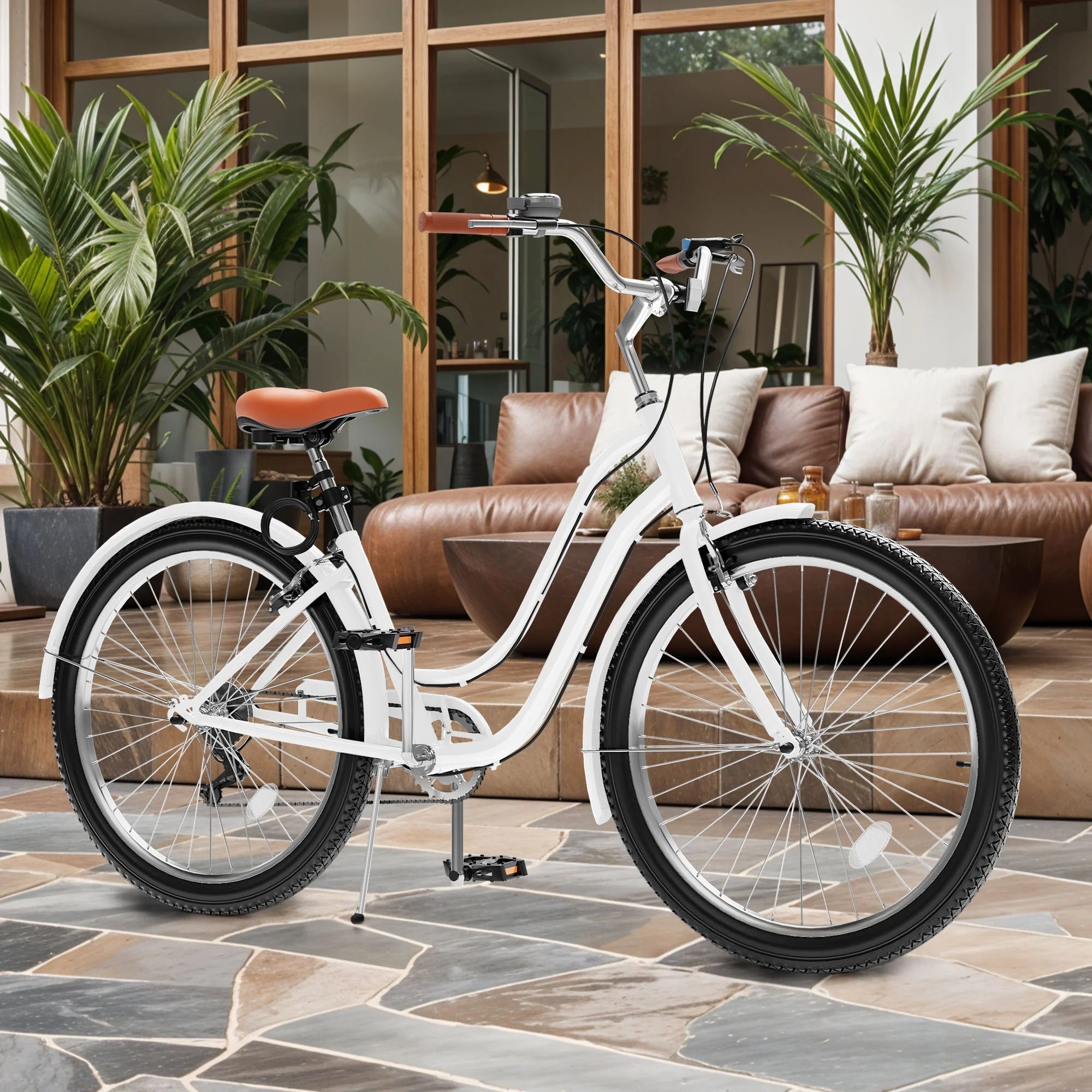 Uforic24'' Beach Cruiser Bike, 7 - Speed, Step - Through Bicycle for Men & Women, Steel Frame, Mint Green
