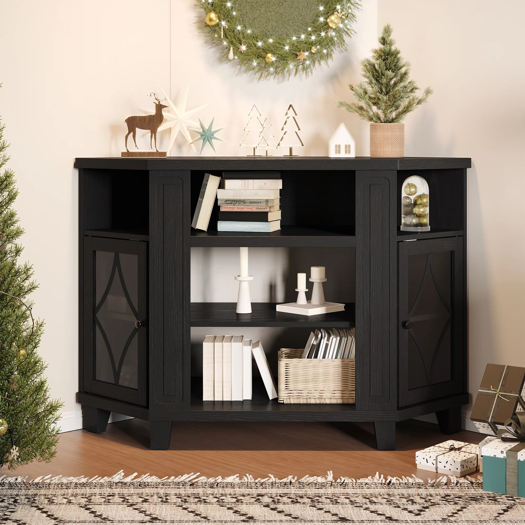 Mayincolor Farmhouse TV Stand for 65+ Inch TV, 34'' Tall Entertainment Center with Sliding Barn Doors, Rustic Wood Media Console Storage Cabinet Television Stand for Living Room, Light Grey