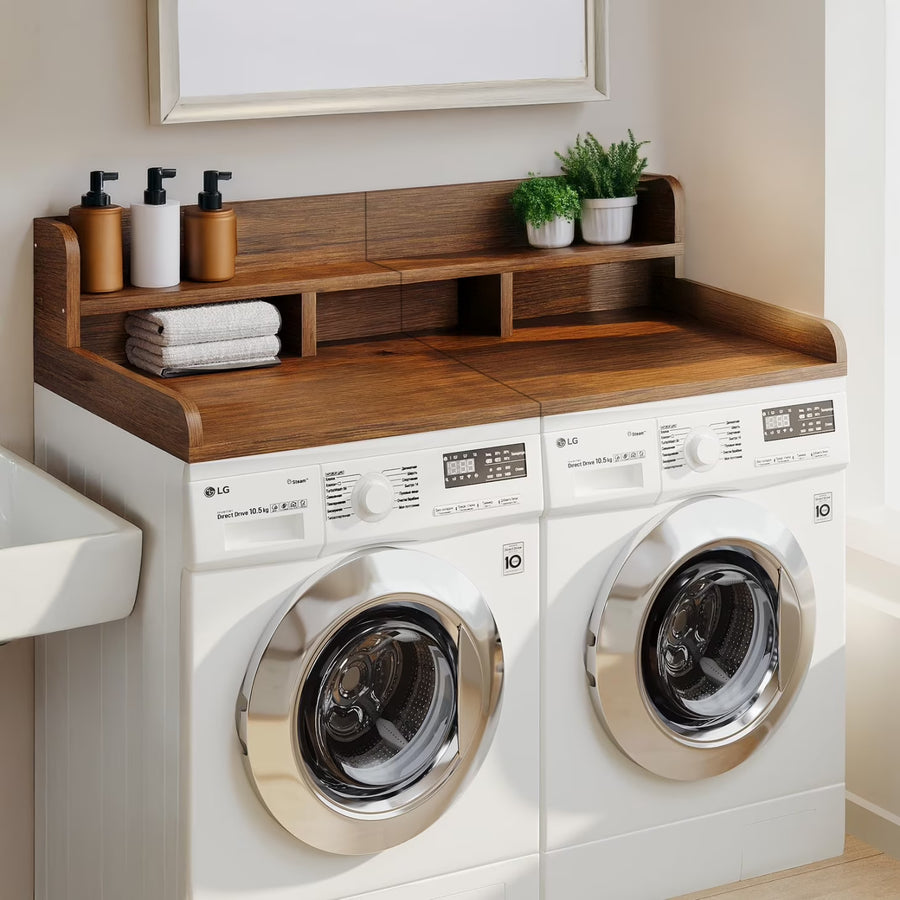 Wood 2 - Tier Washer Dryer Countertop with Edge Rails, 54" W x 27.5" D Washer and Dryer Topper for Laundry Room Organization and Storage, Walnut