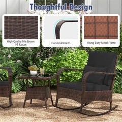3-Piece Outdoor Wicker Rocking Chair Set, Rattan Bistro Rocker Furniture with Cushions & Pillows, Tempered Glass Coffee Table for Porch Balcony