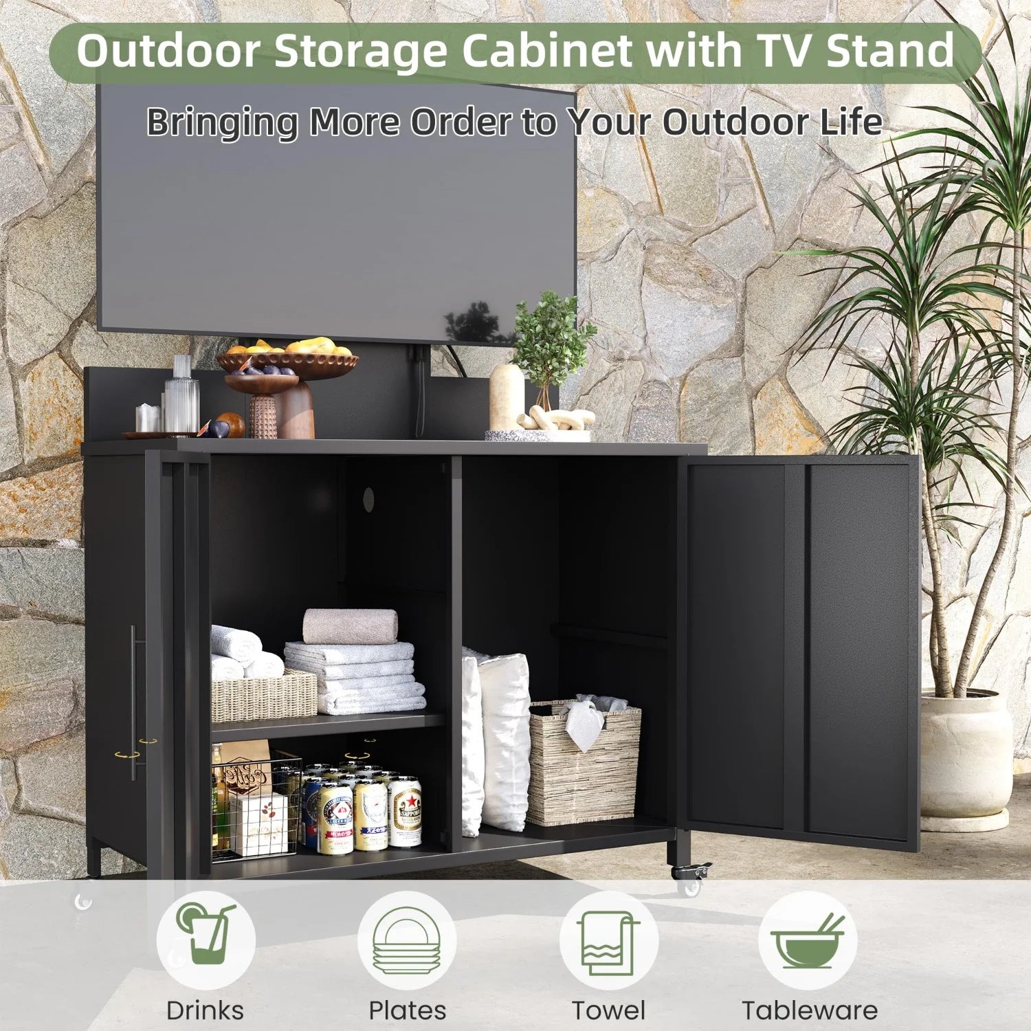 AECOJOY Outdoor Storage Cabinet with TV Mount for 40–85 Inch TVs, Outdoor TV Stand with Storage Cabinet Waterproof