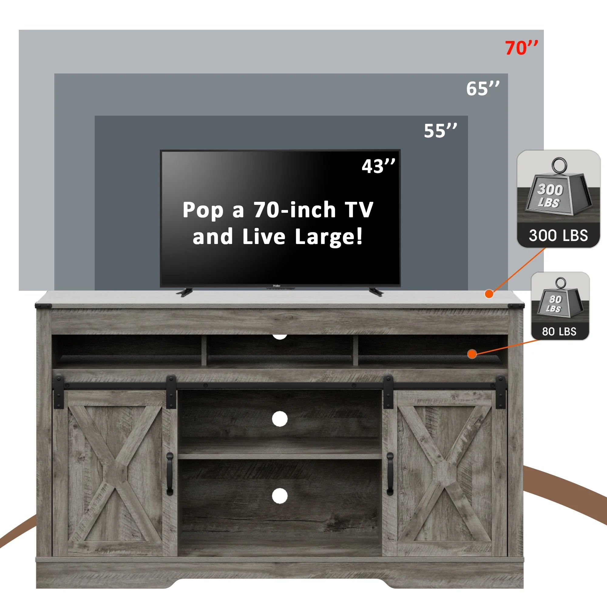 Mayincolor Farmhouse TV Stand for 65+ Inch TV, 34'' Tall Entertainment Center with Sliding Barn Doors, Rustic Wood Media Console Storage Cabinet Television Stand for Living Room, Light Grey