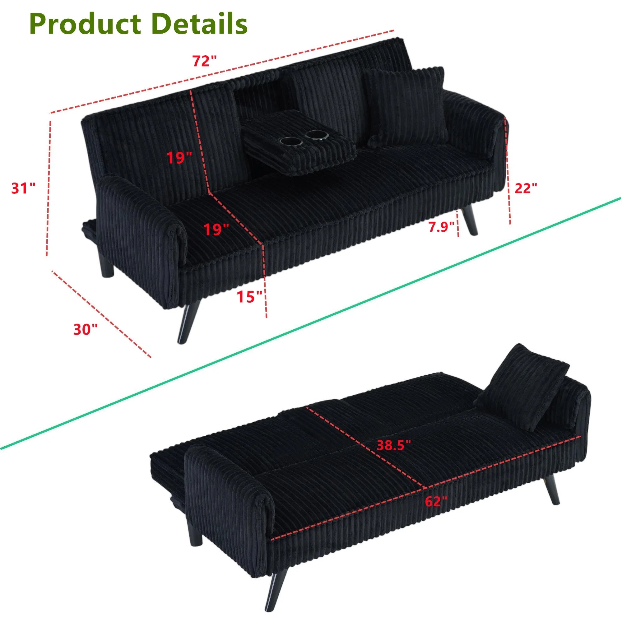 Aukfa 75" Square Arm Futon Convertible Sofa Bed for Home Office, 2 Cup Holders, Linen, Dark Gray
