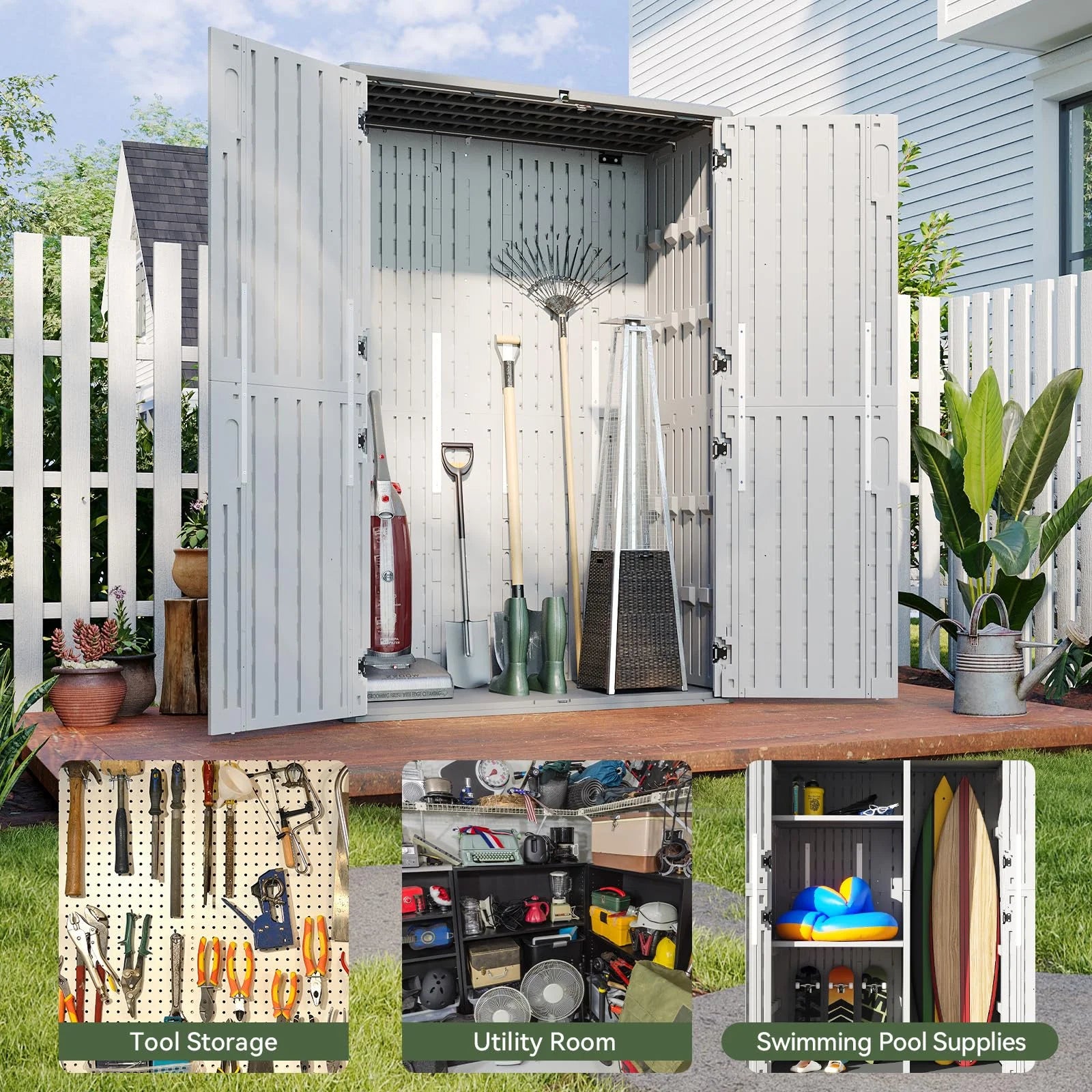 Aoxun Outdoor Storage Shed, 64 Cu.ft Vertical Storage Sheds Outdoor with Floor, Outdoor Waterproof Storage Cabinet for Garage Storage, Pool Storage, Bike Shed, Garden Shed, Outdoor Storage(White)